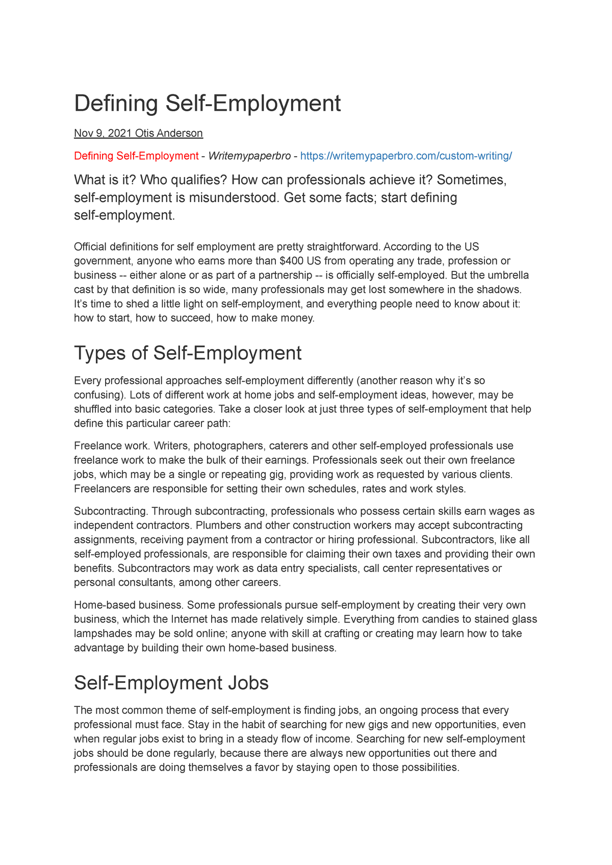 assignment on self employment