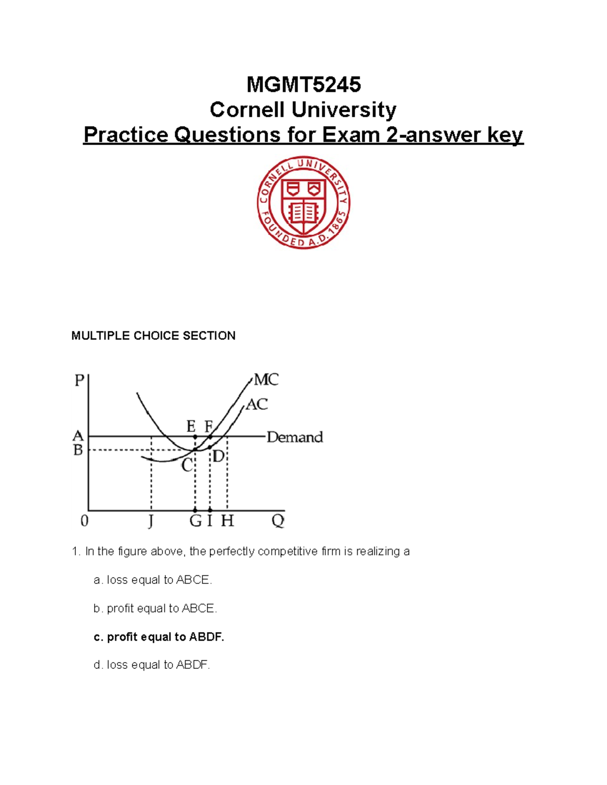 Practice questions for exam 2 with answers - MGMT Cornell University ...