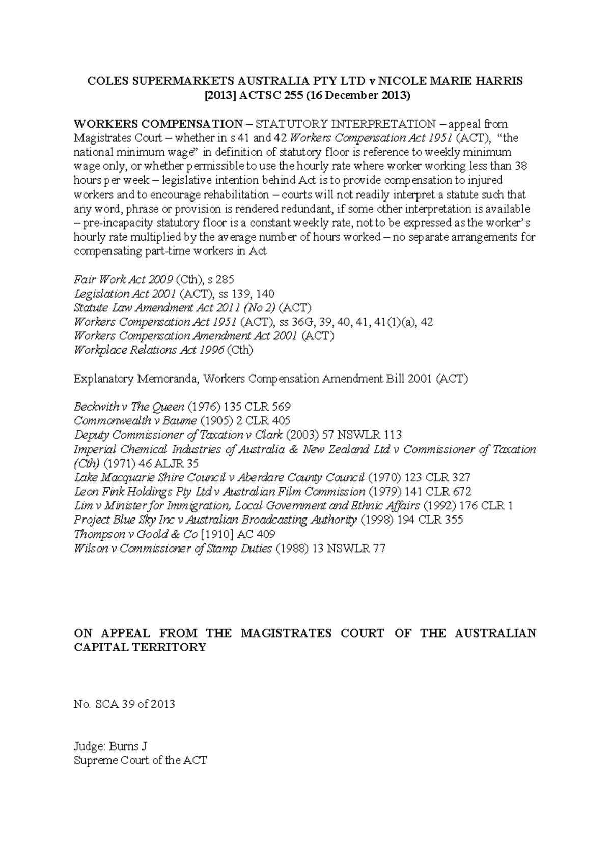 Coles v Harris Pdf of the case COLES SUPERMARKETS AUSTRALIA PTY LTD