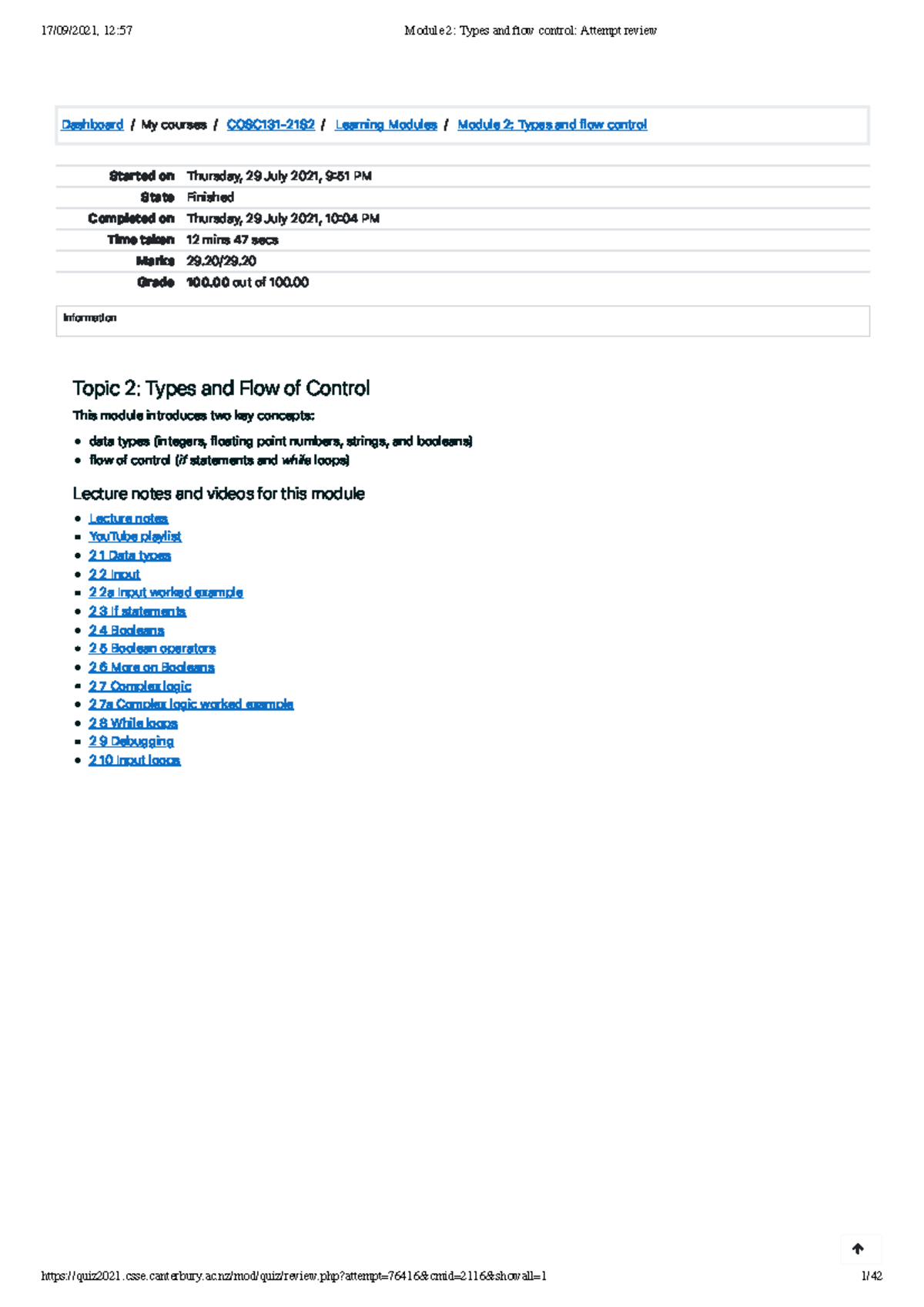 Module 2 Types and flow control Attempt review - Dashboard/My courses ...