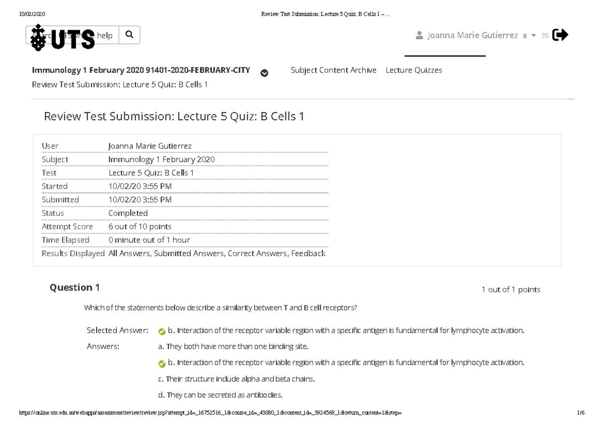 Lecture 5 Quiz- B Cells 1 - Review Test Submission : Lecture 5 Quiz : B ...