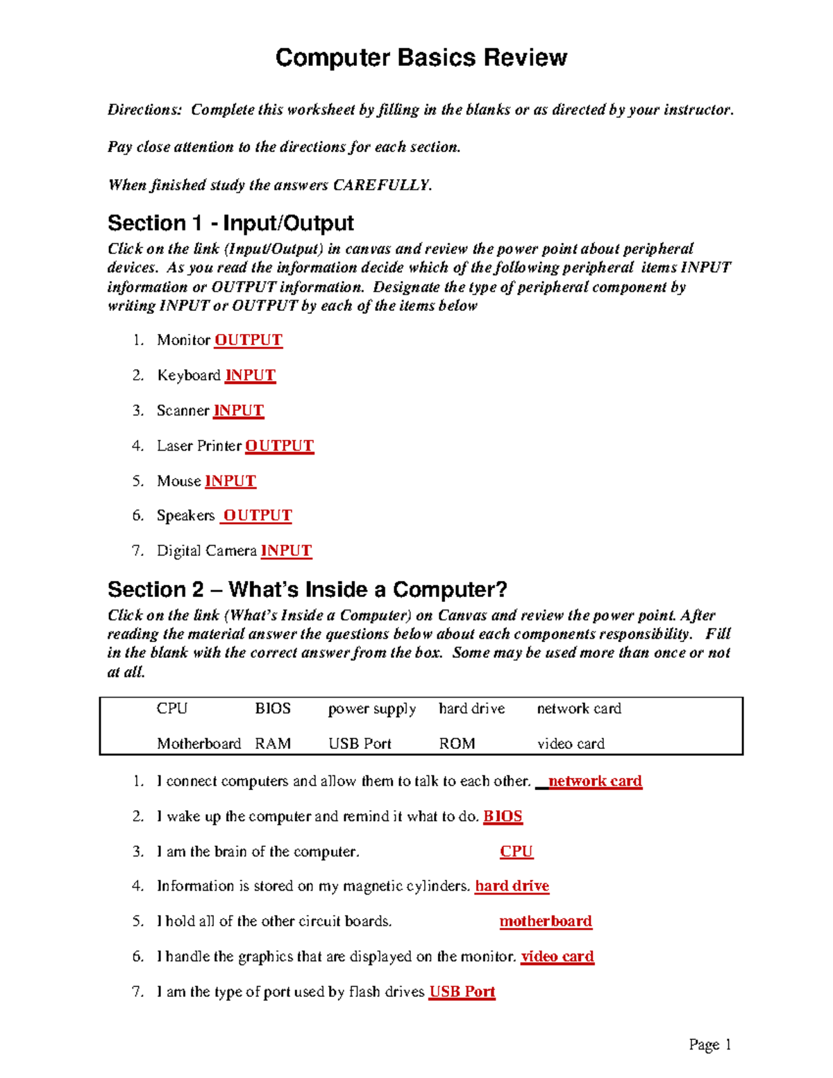 Computer Basics worksheet Review-Answer Key - Computer Basics Review ...