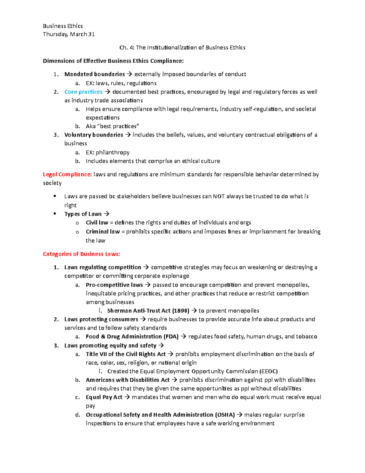 Ch. 4 Notes - Business Ethics With Oliva - Business Ethics Thursday ...