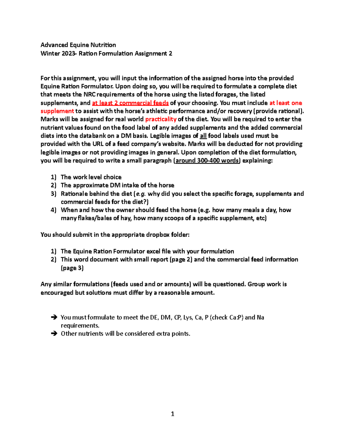 Winter 2023- Assignment 2 - Advanced Equine Nutrition Winter 2023 ...