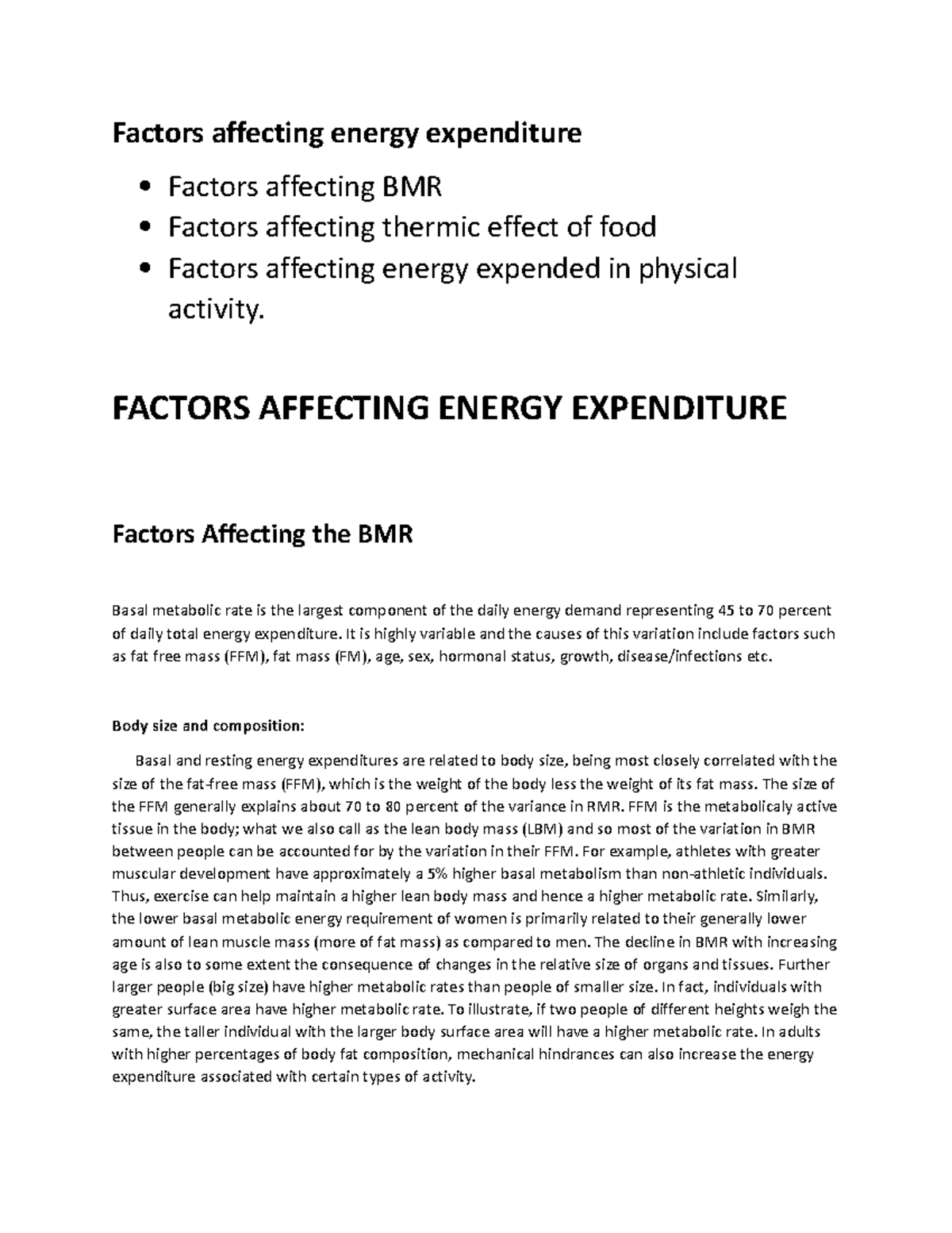 PN Module 2 Factors Affecting Energy Expenditure Factors affecting