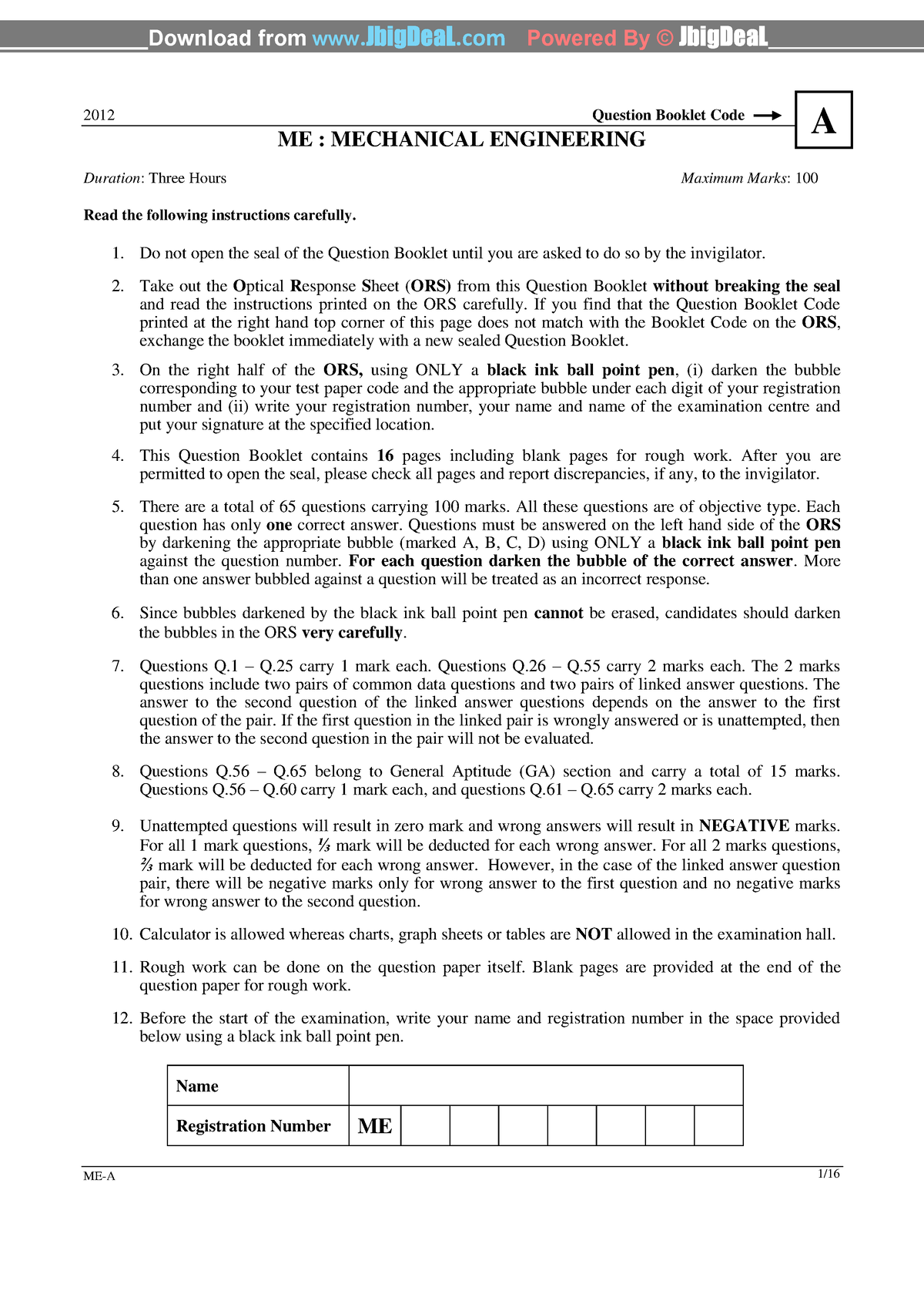 Mechanical Engineering Practice Material - 2012 - Exam Material - Studocu