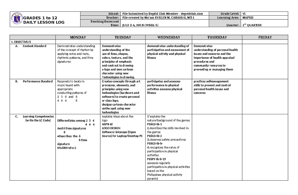 DLL Mapeh 6 Q1 W5 - DLL - GRADES 1 to 12 DAILY LESSON LOG School: File ...