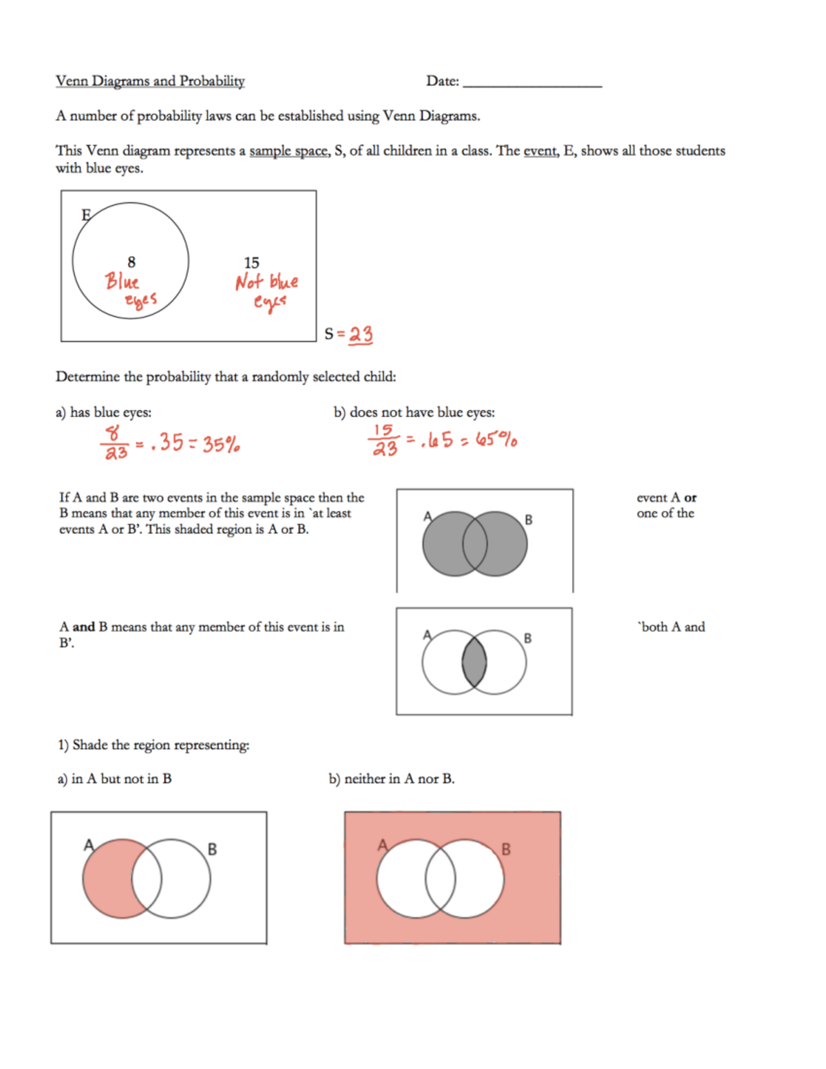 M2 venn and probability ws key - Venn Diagrams and Probability Date: A ...
