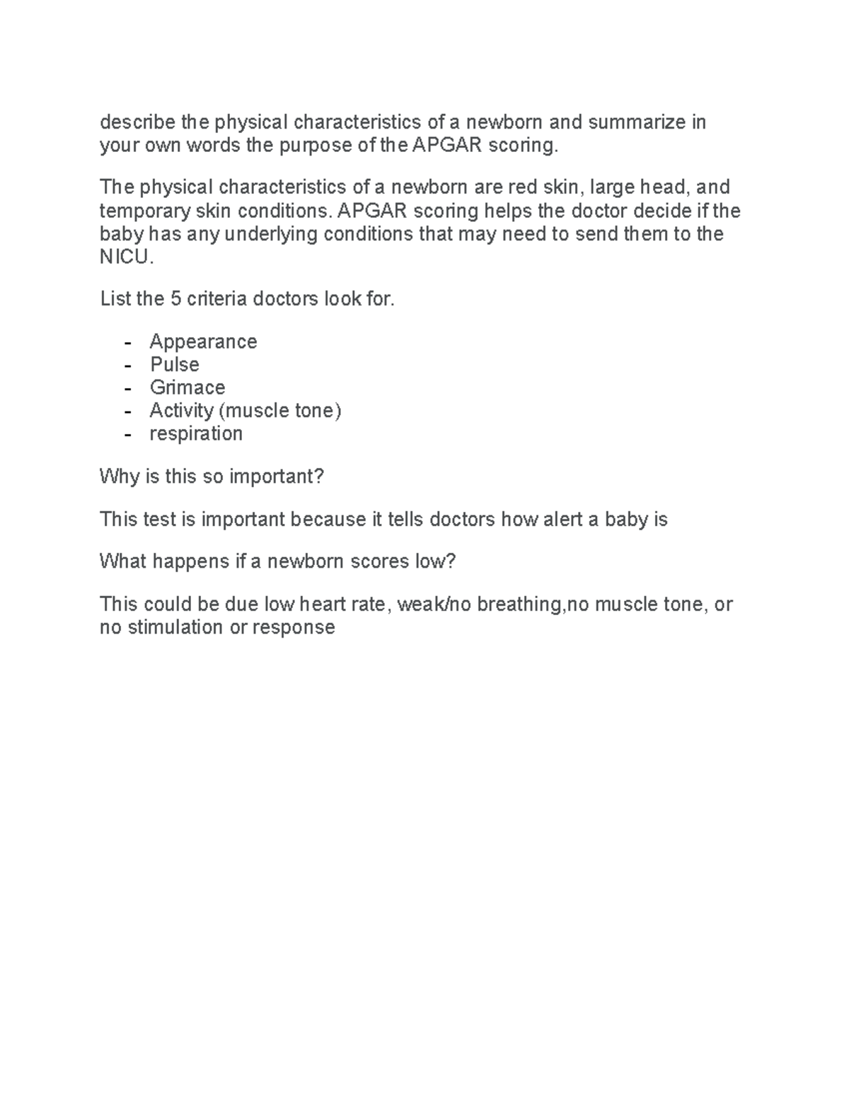 Apgar assignment - describe the physical characteristics of a newborn ...