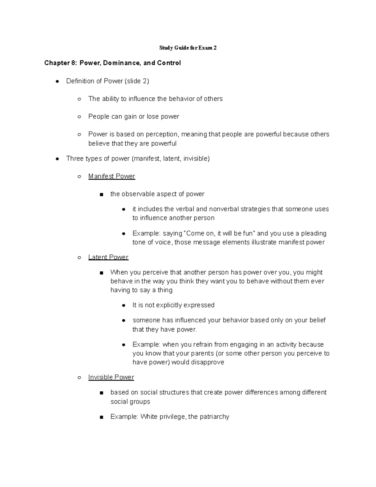 Com 315 Exam #2 Study Guide - Study Guide for Exam 2 Chapter 8: Power ...