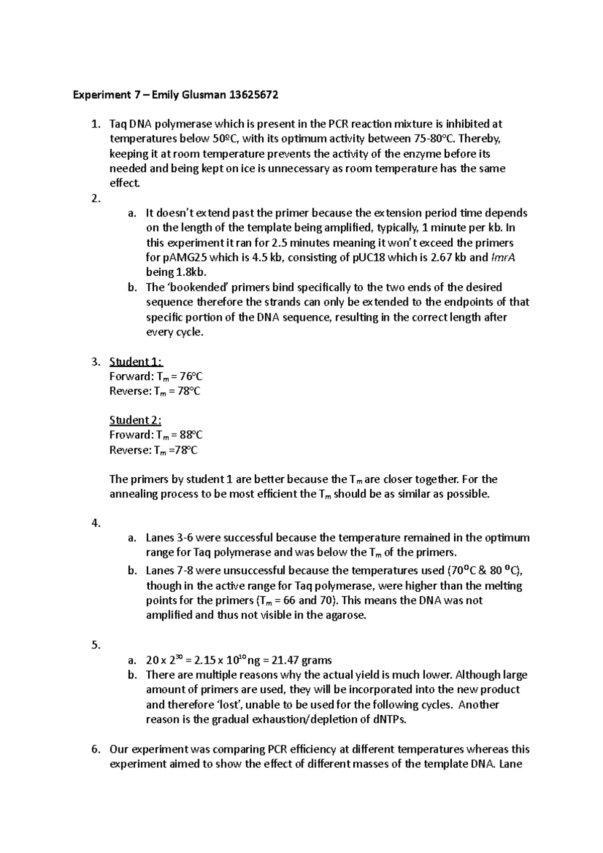 Experiment 7 Prac Answers Molecular Bio - Experiment 7 – Emily Glusman ...