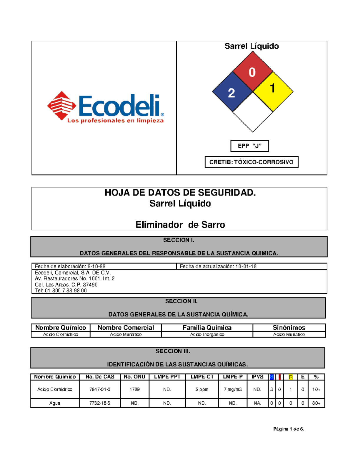 Sarrel MSDS Material de limpieza HOJA DE DATOS DE SEGURIDAD. Sarrel