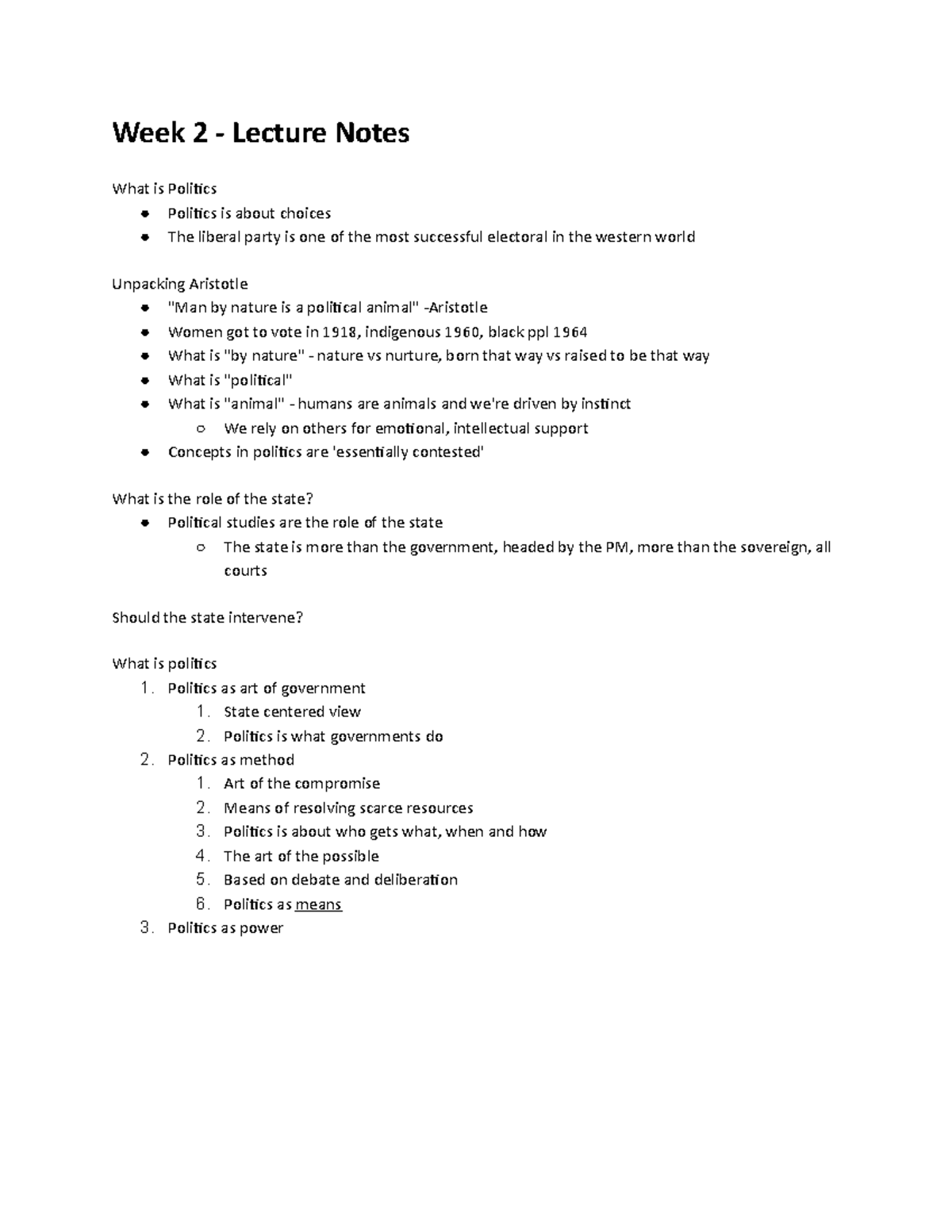 POLS 110 Week 2 Notes - Week 2 - Lecture Notes What is Politics ...