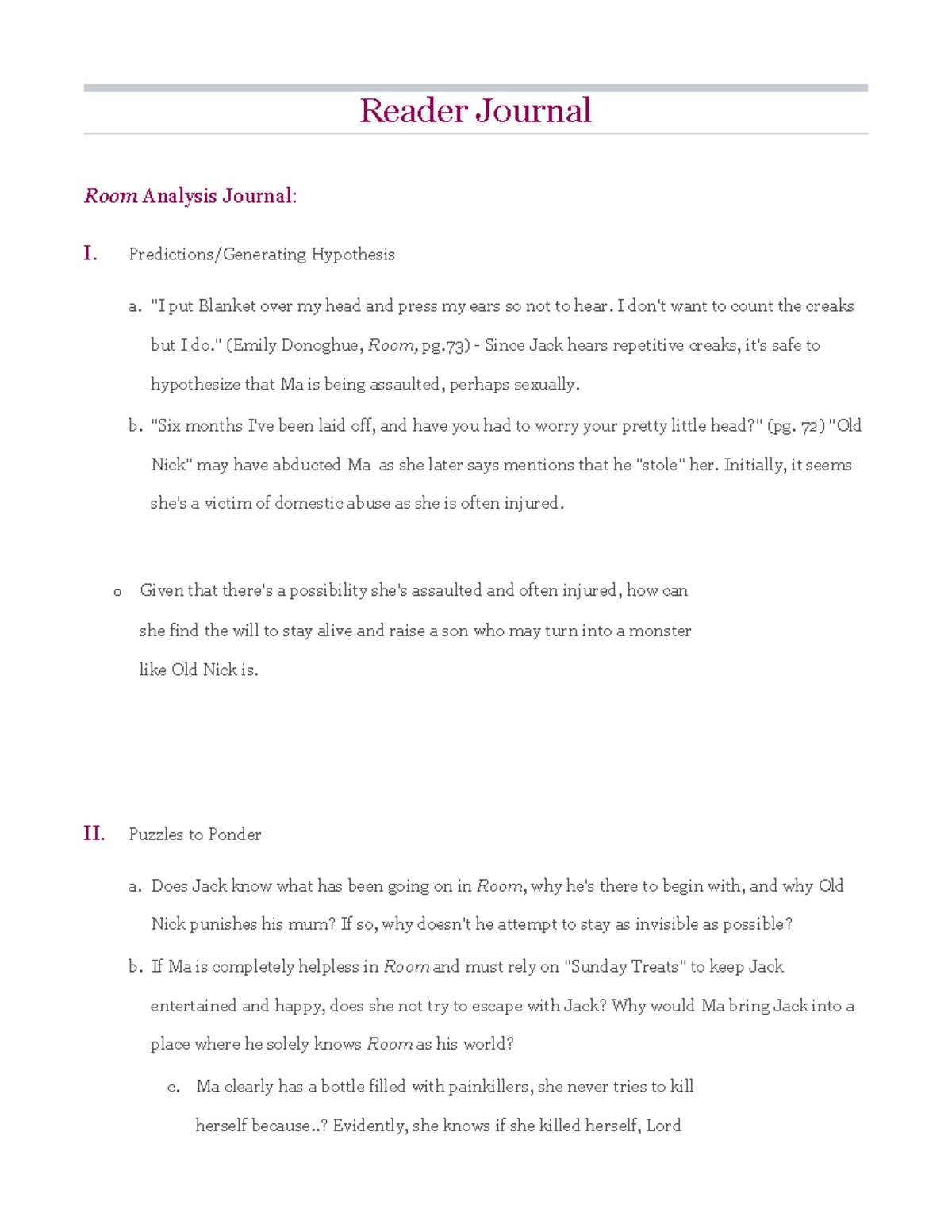 Reader Journal - English assignment - Reader Journal Room Analysis ...