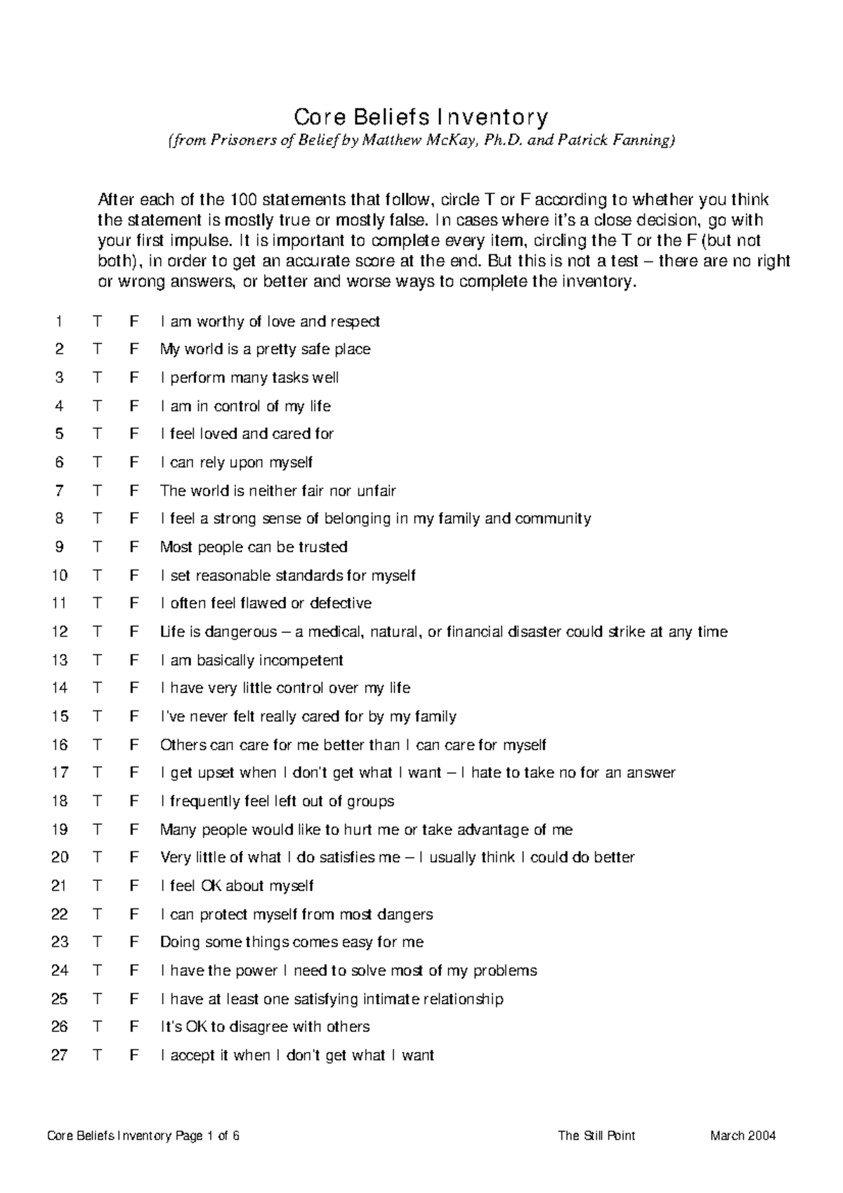 Core-Beliefs-Inventory - Cor e Belief s I nvent or y (from Prisoners of ...