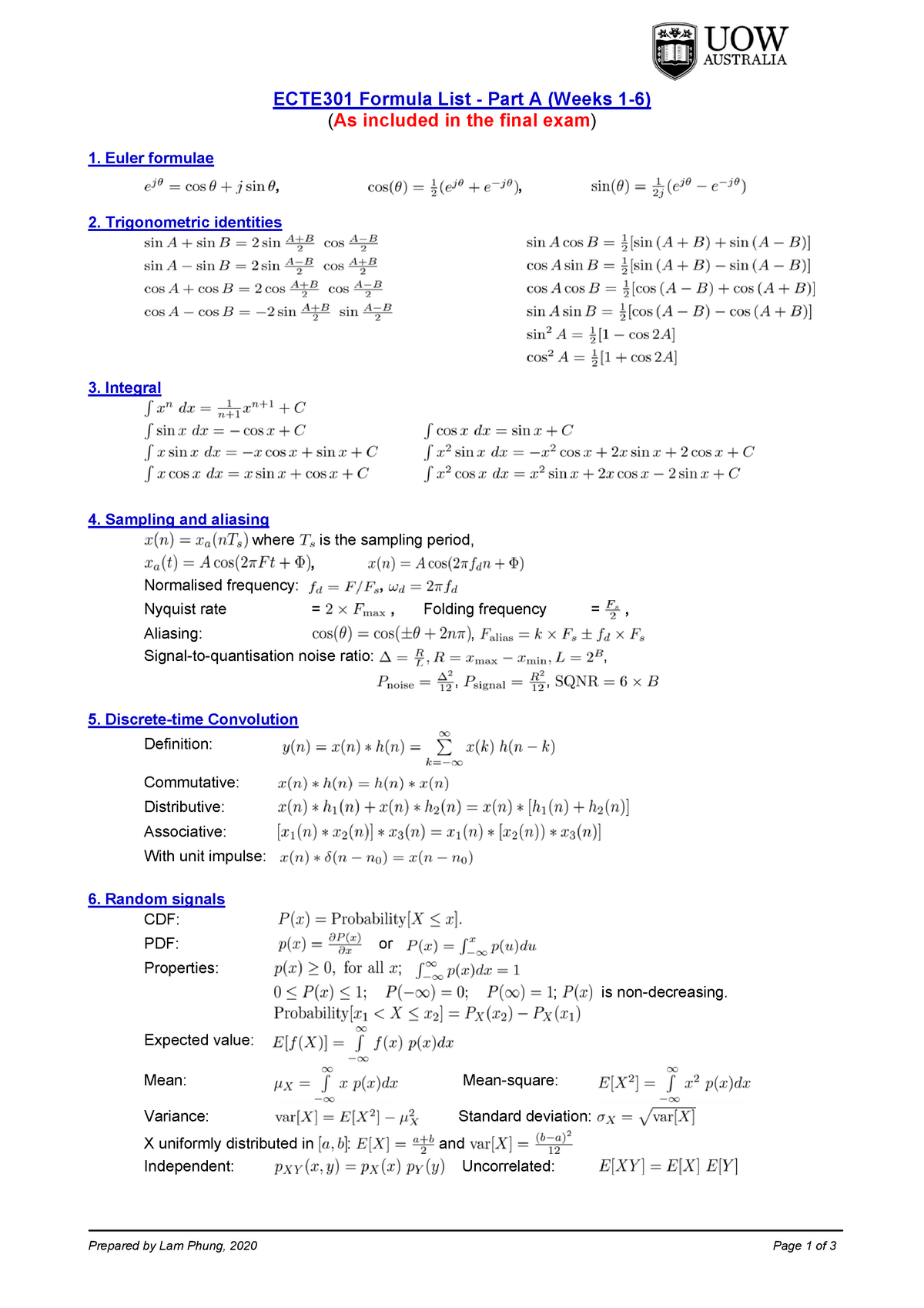 ECTE301 Formula List Part A - Prepared by Lam Phung, 2020 Page 1 of 3 ...