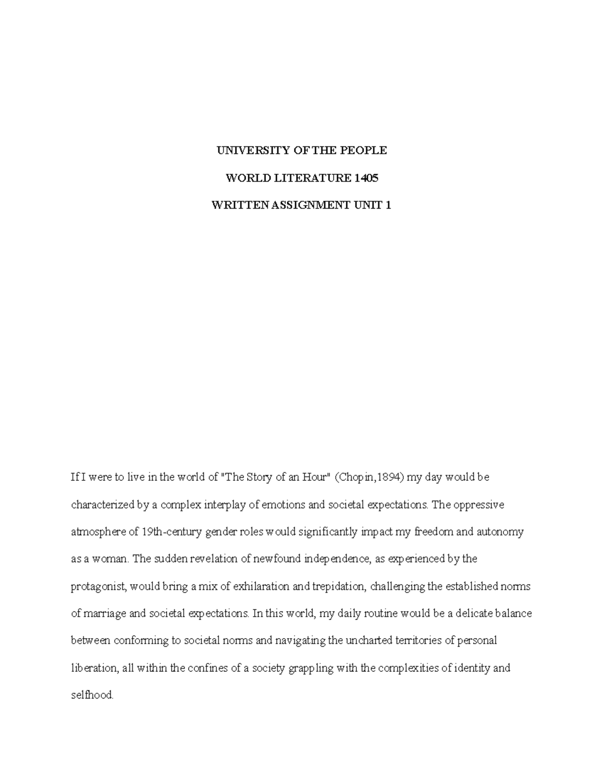WA World LIT 1405 - ENGL 1405 Written Assignment Unit 1 - UNIVERSITY OF ...