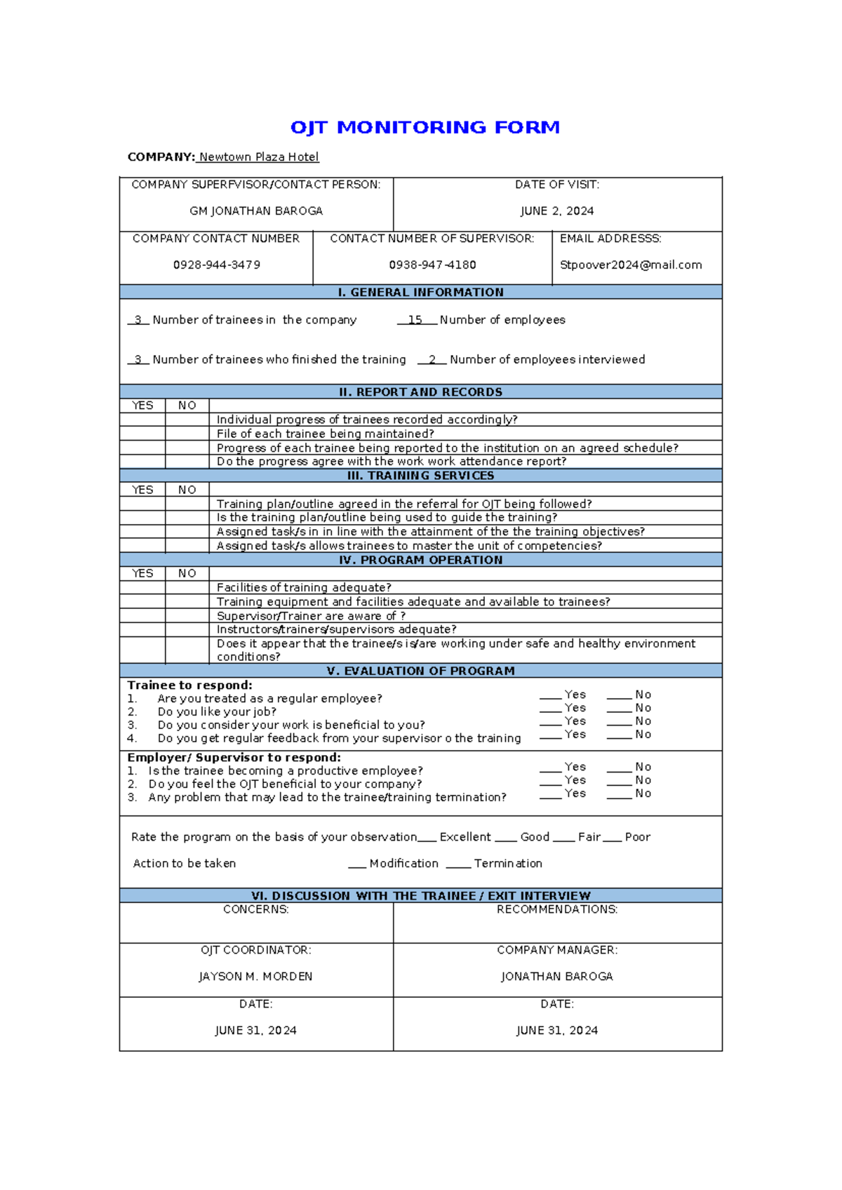 OJT Monitoring form HOUSEKEEPING OJT MONITORING FORM COMPANY