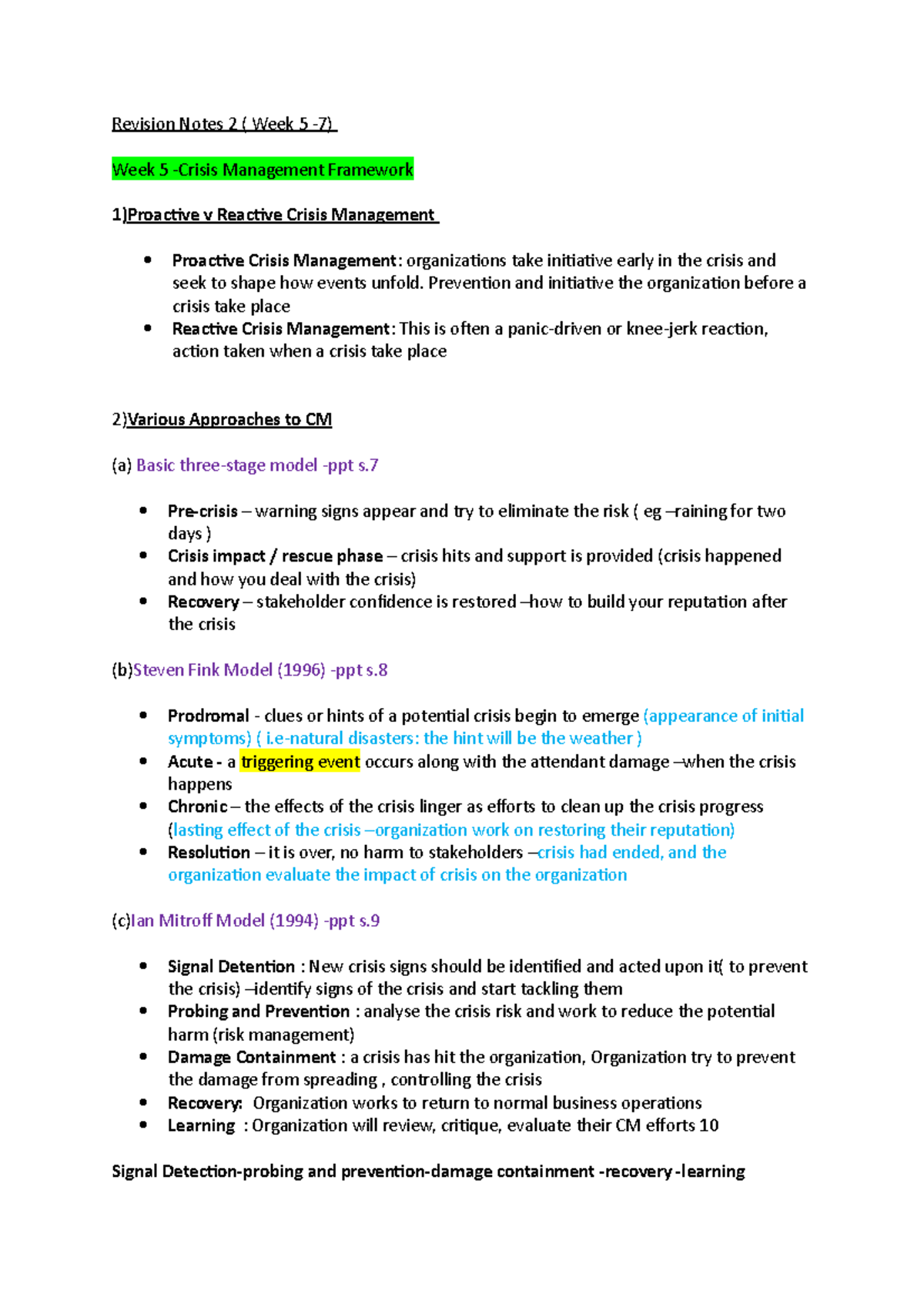 Revision Notes 2 - Crisis Management -Quiz - Revision Notes 2 ( Week 5 ...