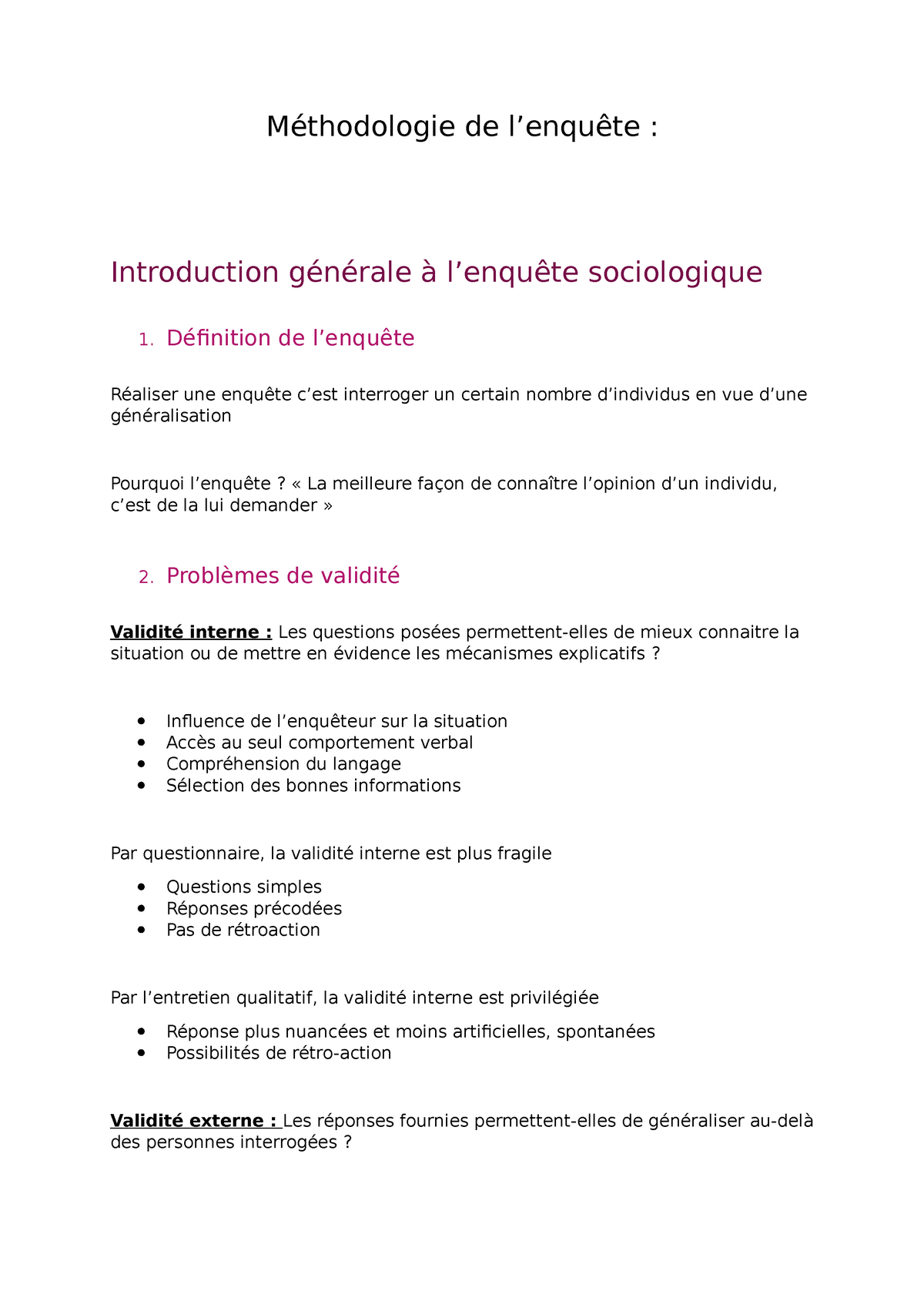 Méthodo synthèse  Méthodologie de l’enquête  Introduction générale à