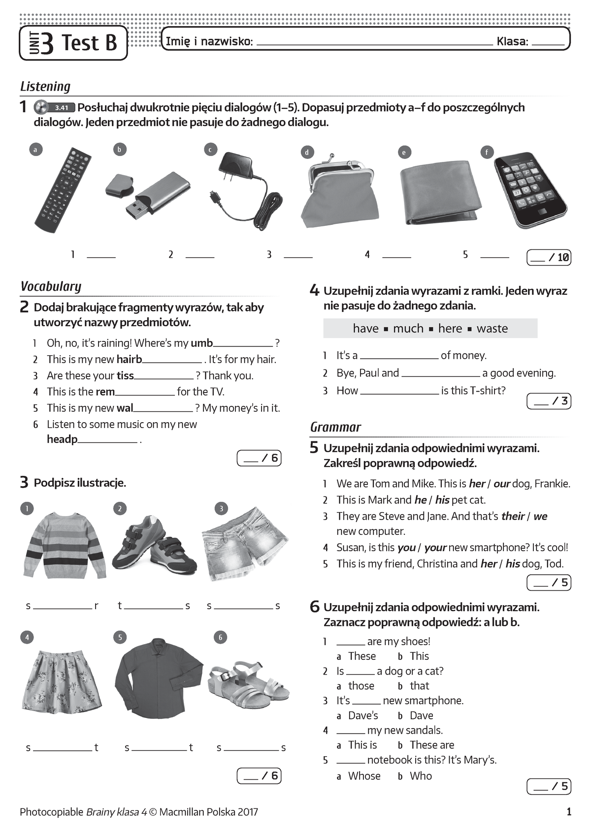 Brainy 4 Unit Test 3 A - Photocopiable Brainy Klasa 4 © Macmillan ...