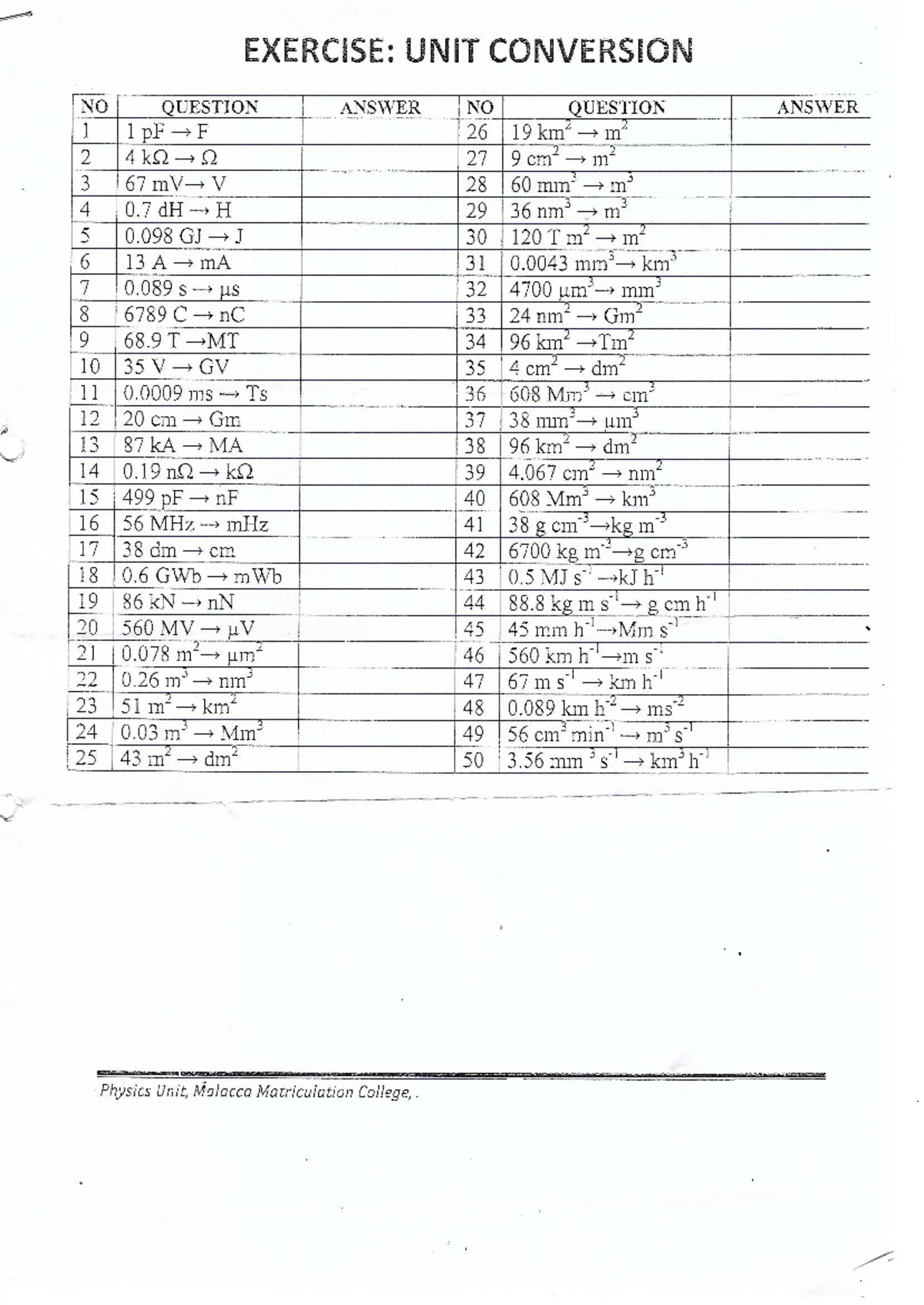 Chapter 1 - Physic Unit Conversion Exercise (60 Questions) - EXERCISE ...