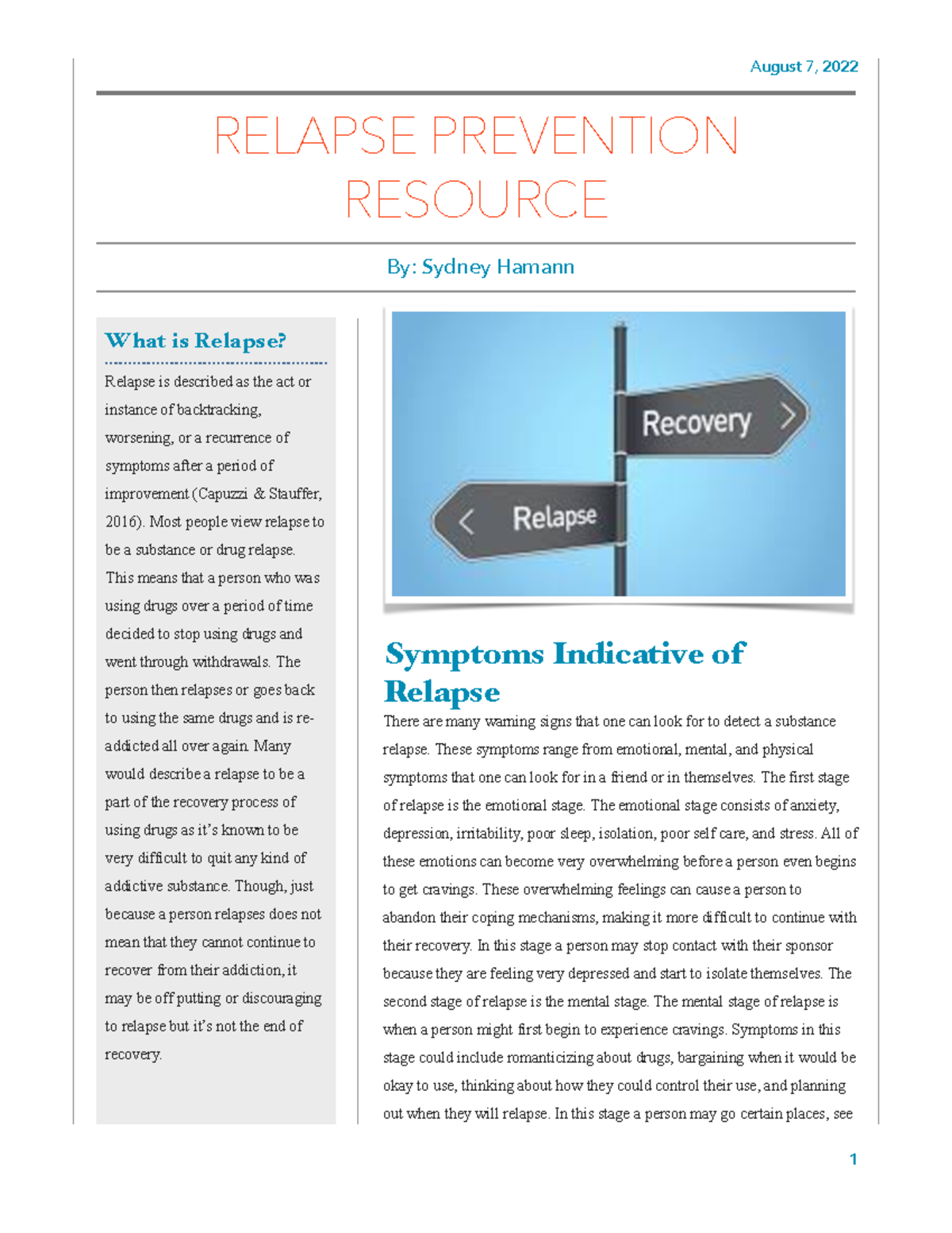 Relapse Prevention Resource August 7, 2022 Symptoms Indicative of