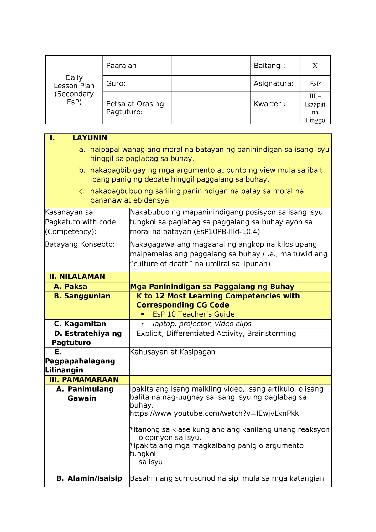 Esp 10 Q3 Week 4 Detailed Lesson Plan Daily Lesson Plan Secondary Esp Paaralan Baitang 5298