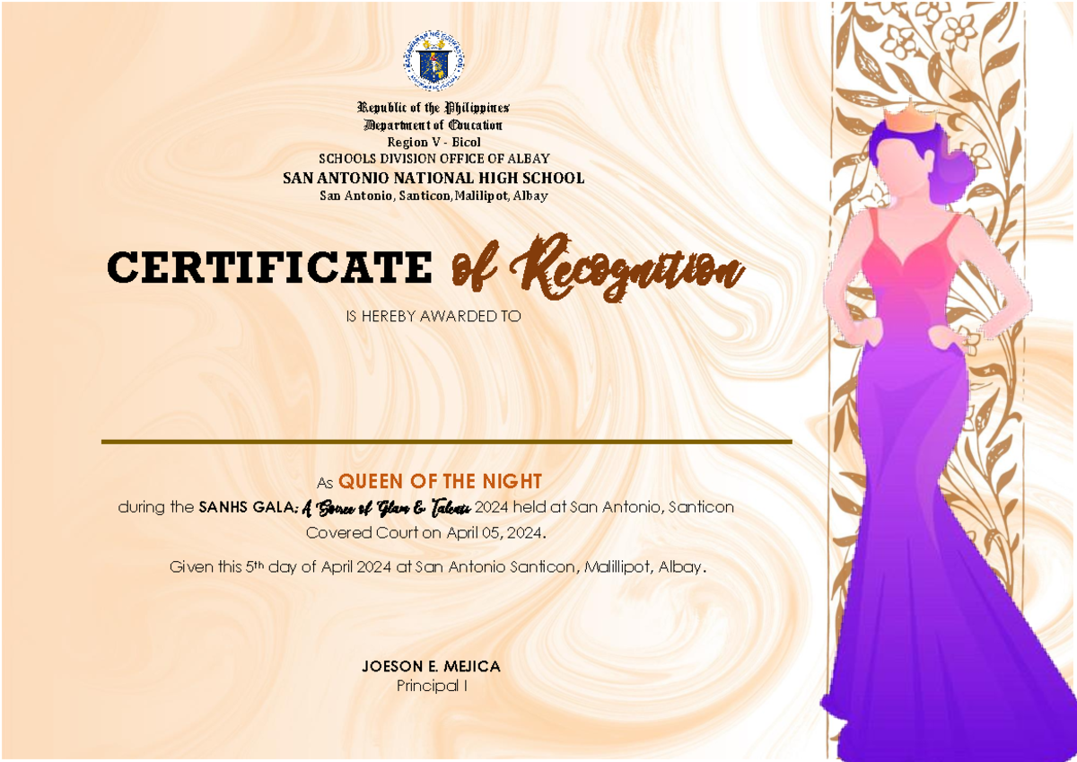 Queen OF THE Night - certificate - CERTIFICATE during the SANHS GALA: A ...