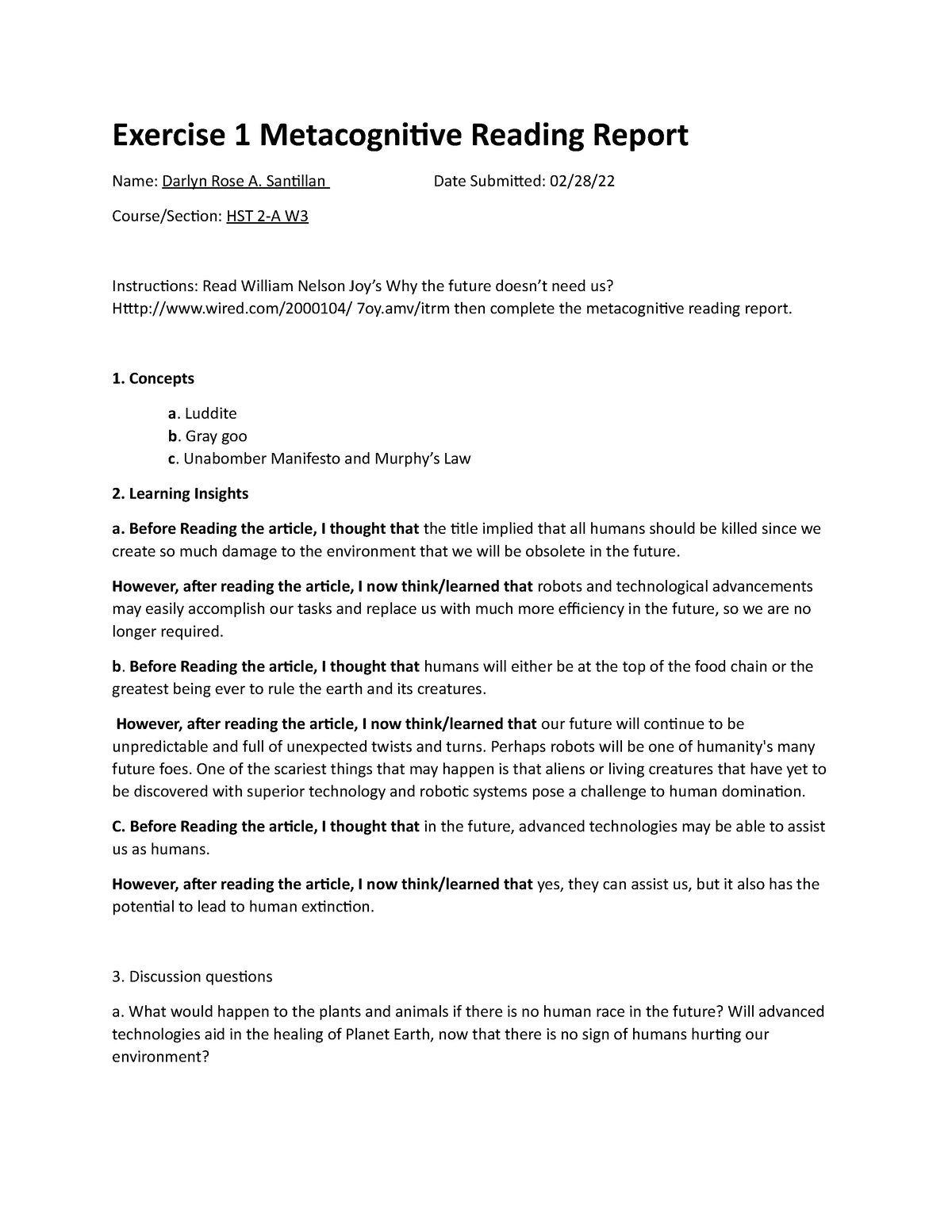 assignment 4 metacognitive reading report sts