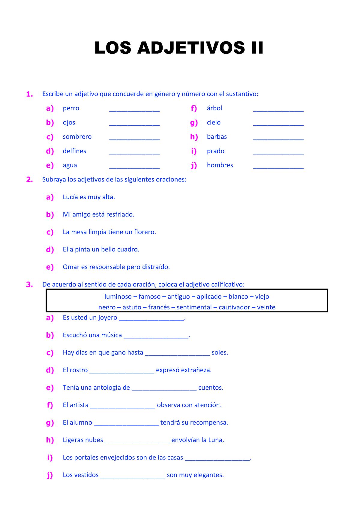 Ejercicios Del Adjetivo Para Sexto Grado De Primaria Escribe Un