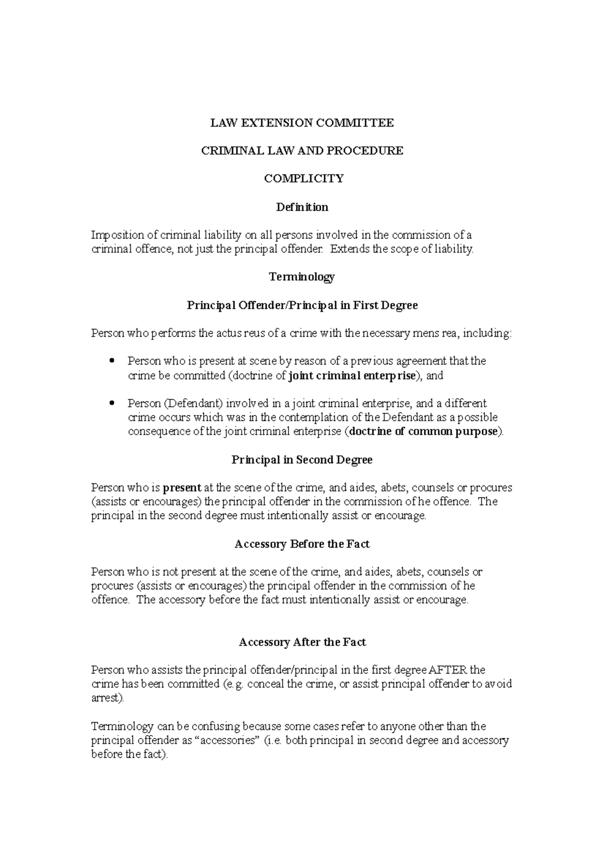 Summary complete Criminal law and procedure overheads complicity