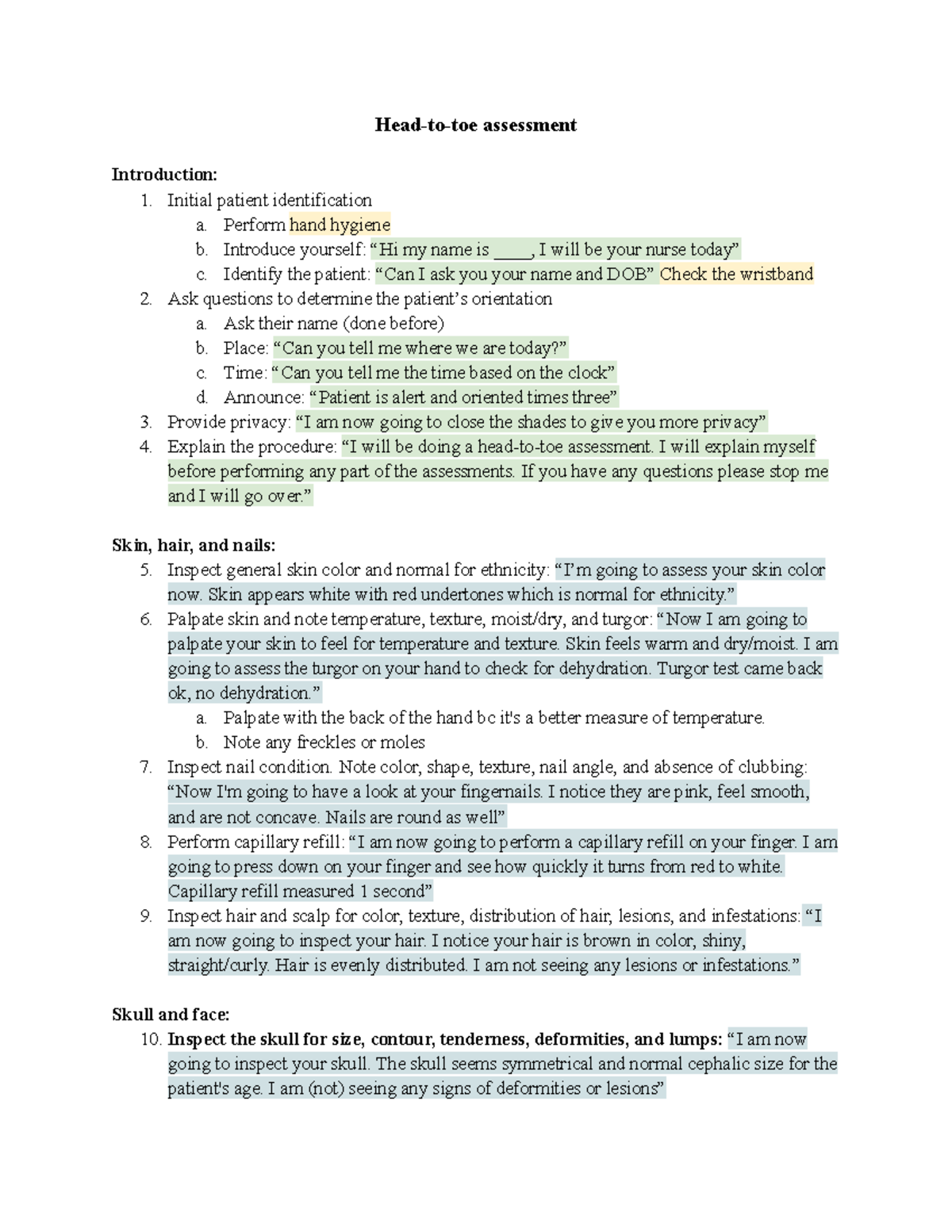 Head-to-toe script - Fundamentals SIM lab - Head-to-toe assessment ...
