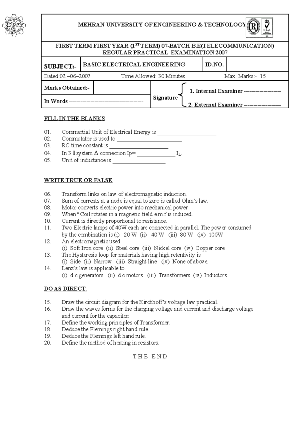 Basic Electrical Engineering Section-I (TL) - MEHRAN UNIVERSITY OF ...