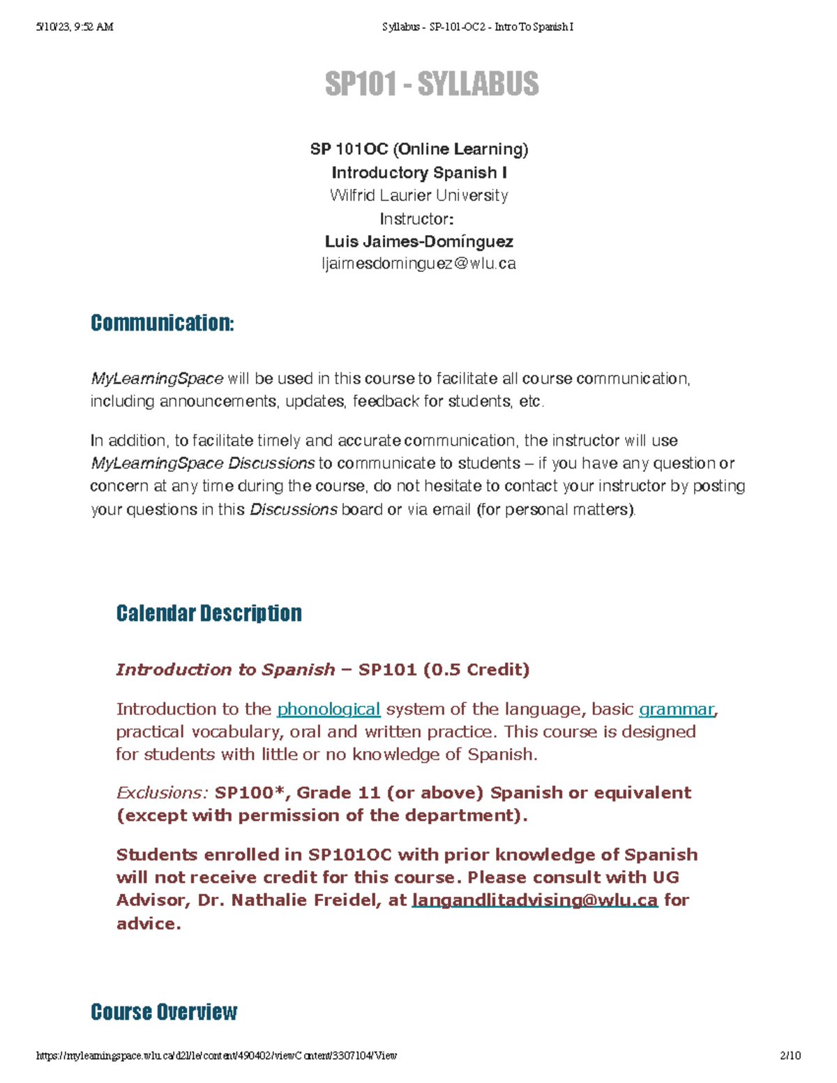 SP101 Course Outline - SP101 - SYLLABUS SP 101OC (Online Learning ...
