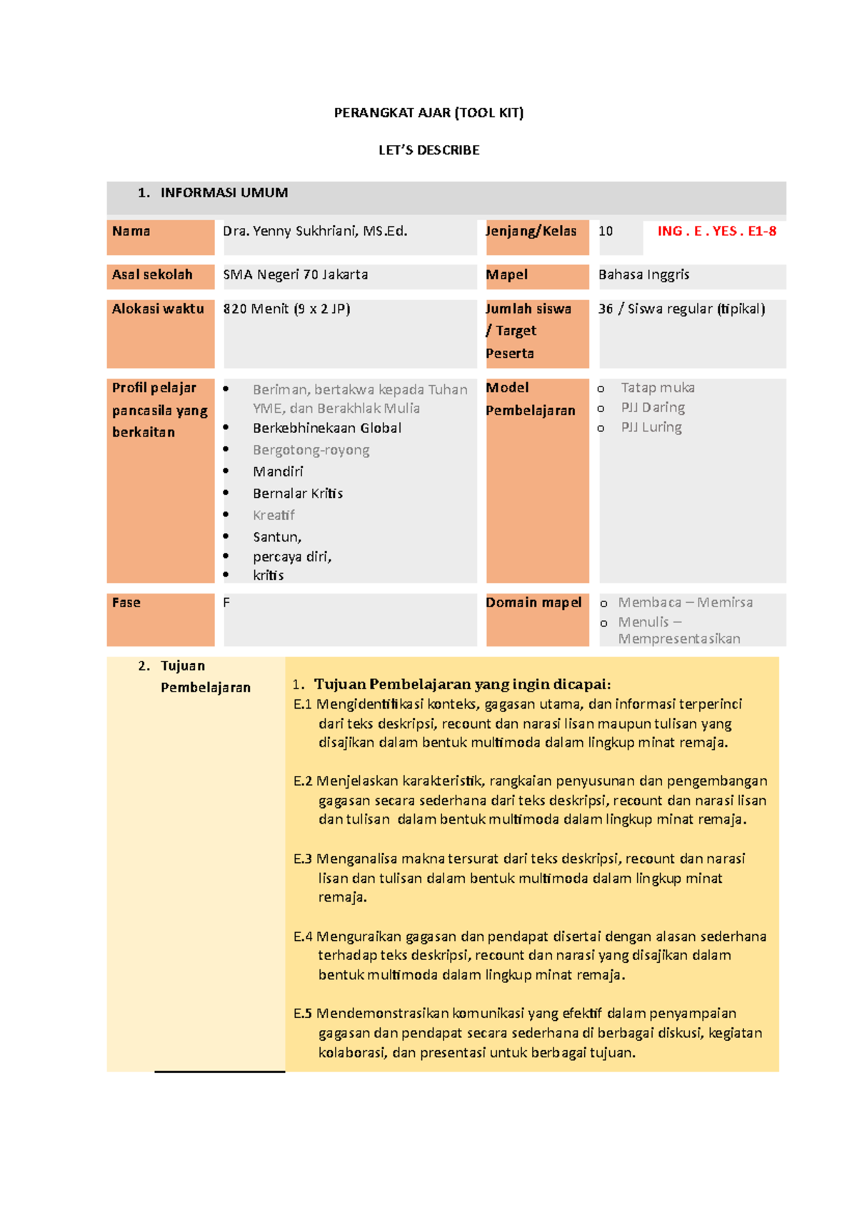 Modul Ajar Bahasa Inggris - PERANGKAT AJAR (TOOL KIT) LET’S DESCRIBE 1 ...