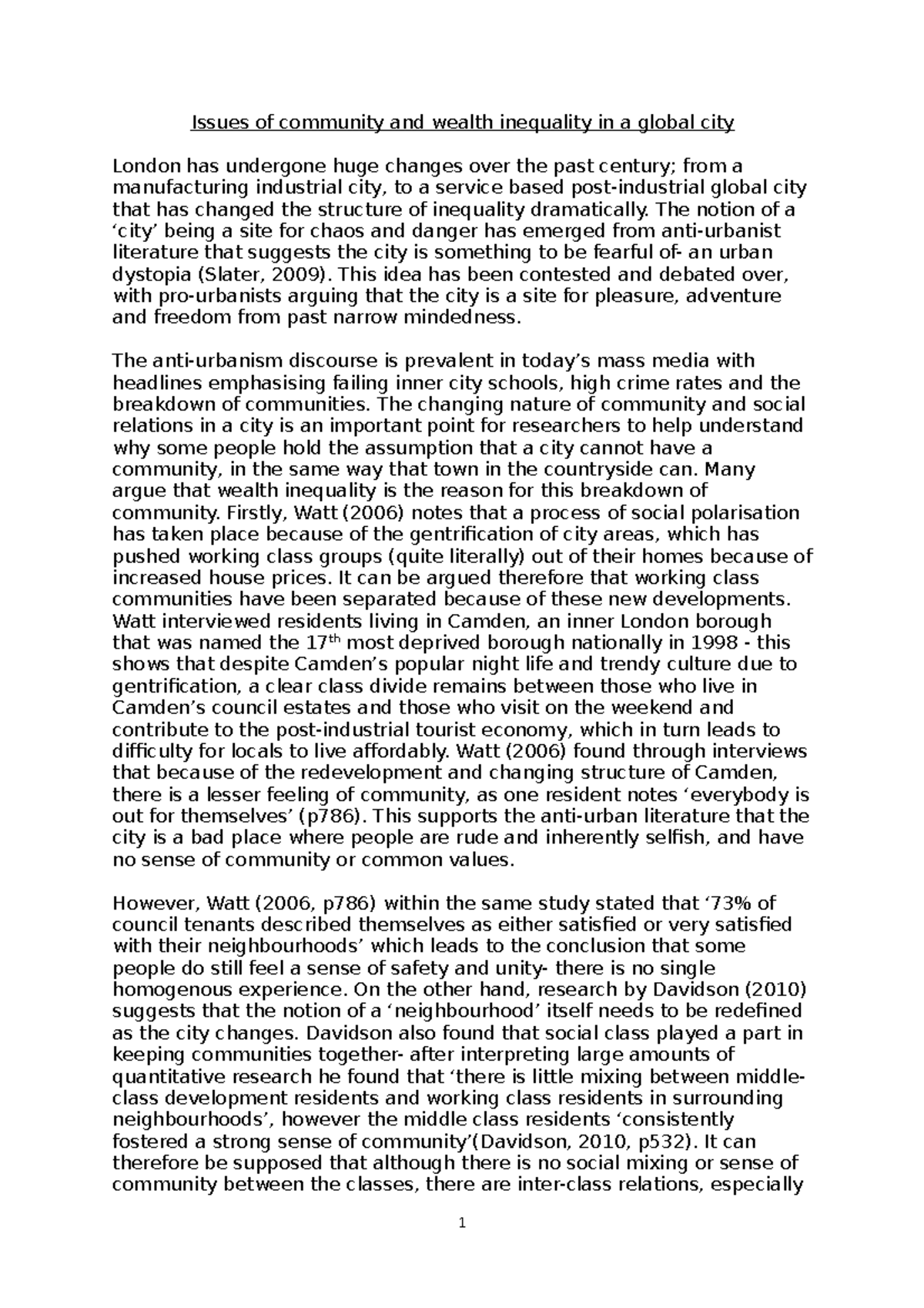 Example lit review 2 - Issues of community and wealth inequality in a ...