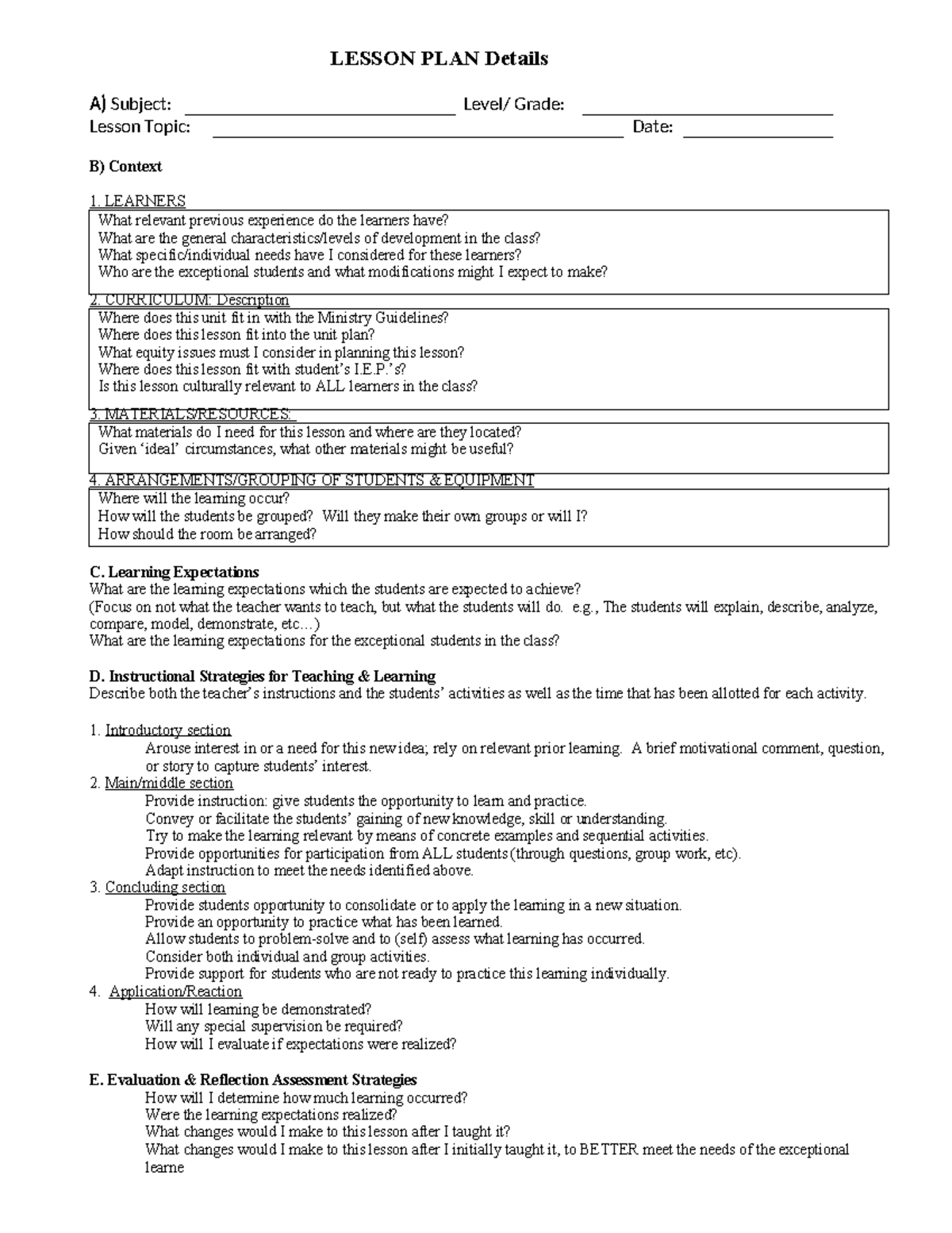 Lesson Plan Help Document - LESSON PLAN Details A) Subject: Level ...