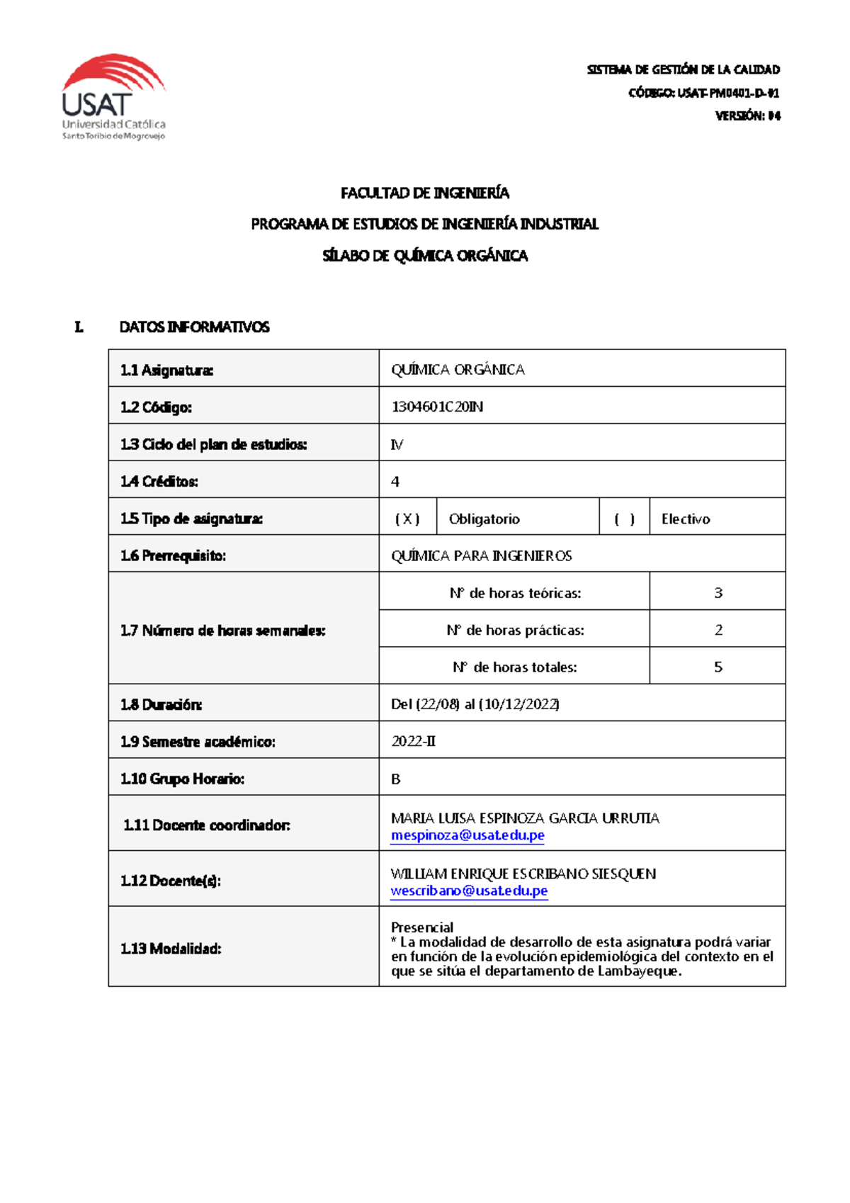 Silabo 2022-II Química Orgánica B - SISTEMA DE GESTIÓN DE LA CALIDAD ...