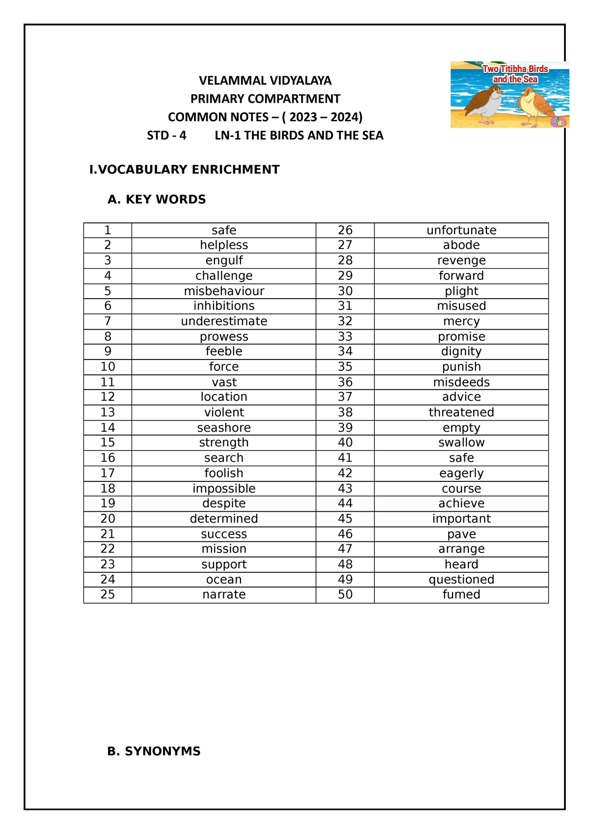 4th land and the sea VELAMMAL VIDYALAYA PRIMARY COMPARTMENT COMMON