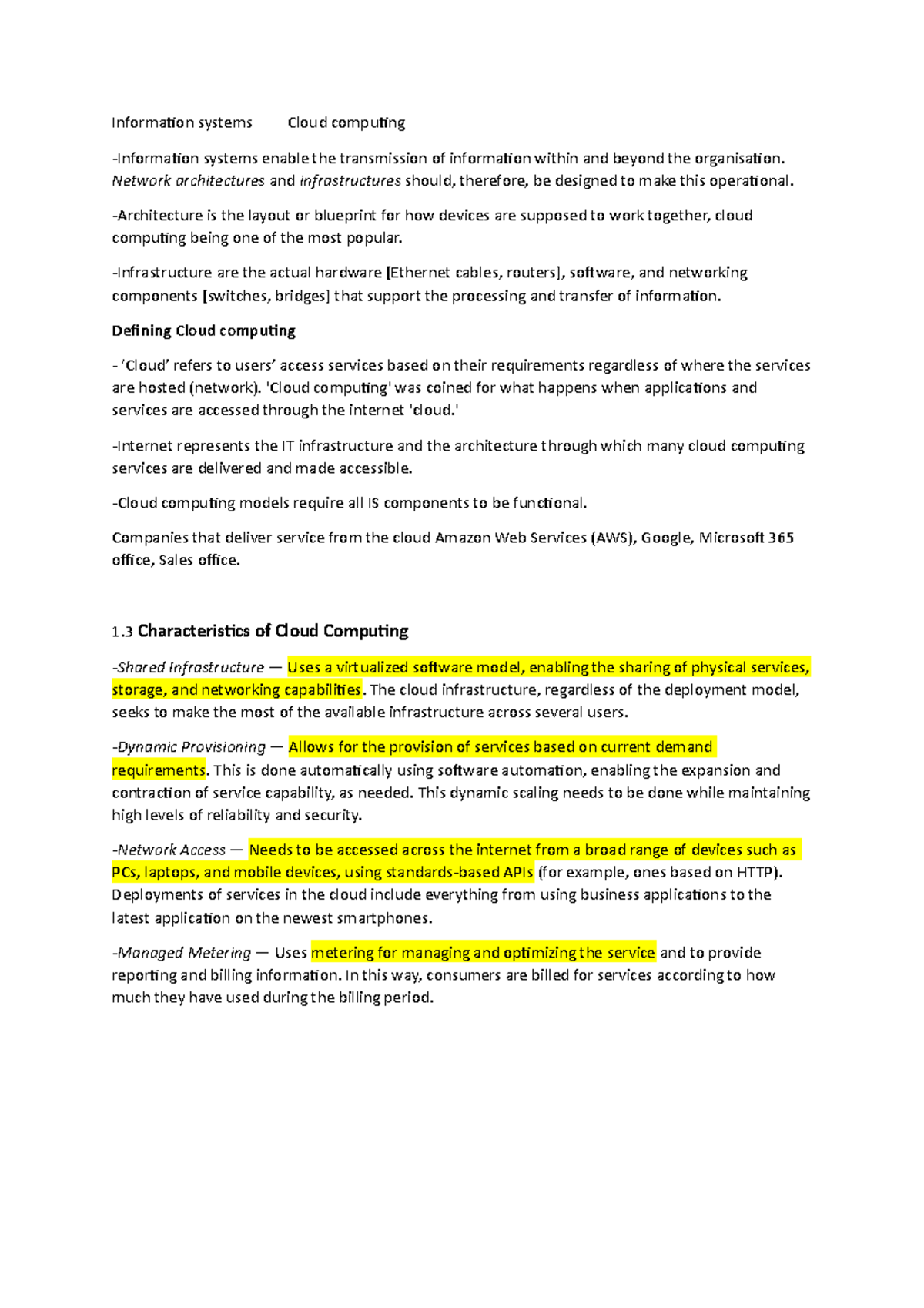 Cloud computing Defining CC, Characteristics of CC, Service models