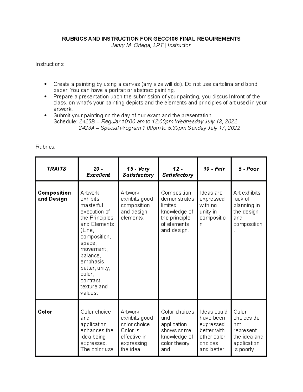 Rubrics AND Instruction FOR ART100 Final Requirements - RUBRICS AND ...