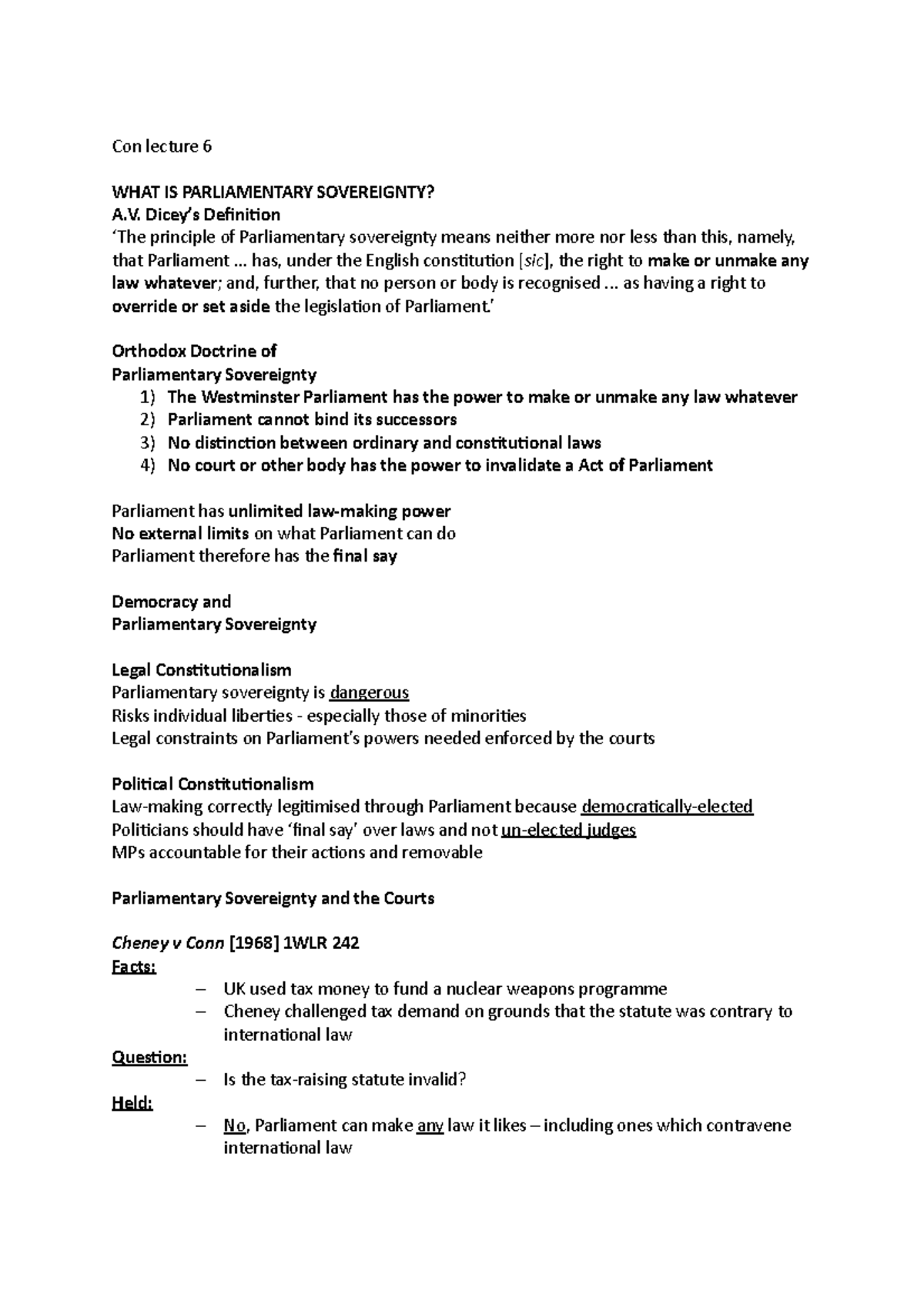 Con lecture 6 notes Con lecture 6 WHAT IS PARLIAMENTARY SOVEREIGNTY