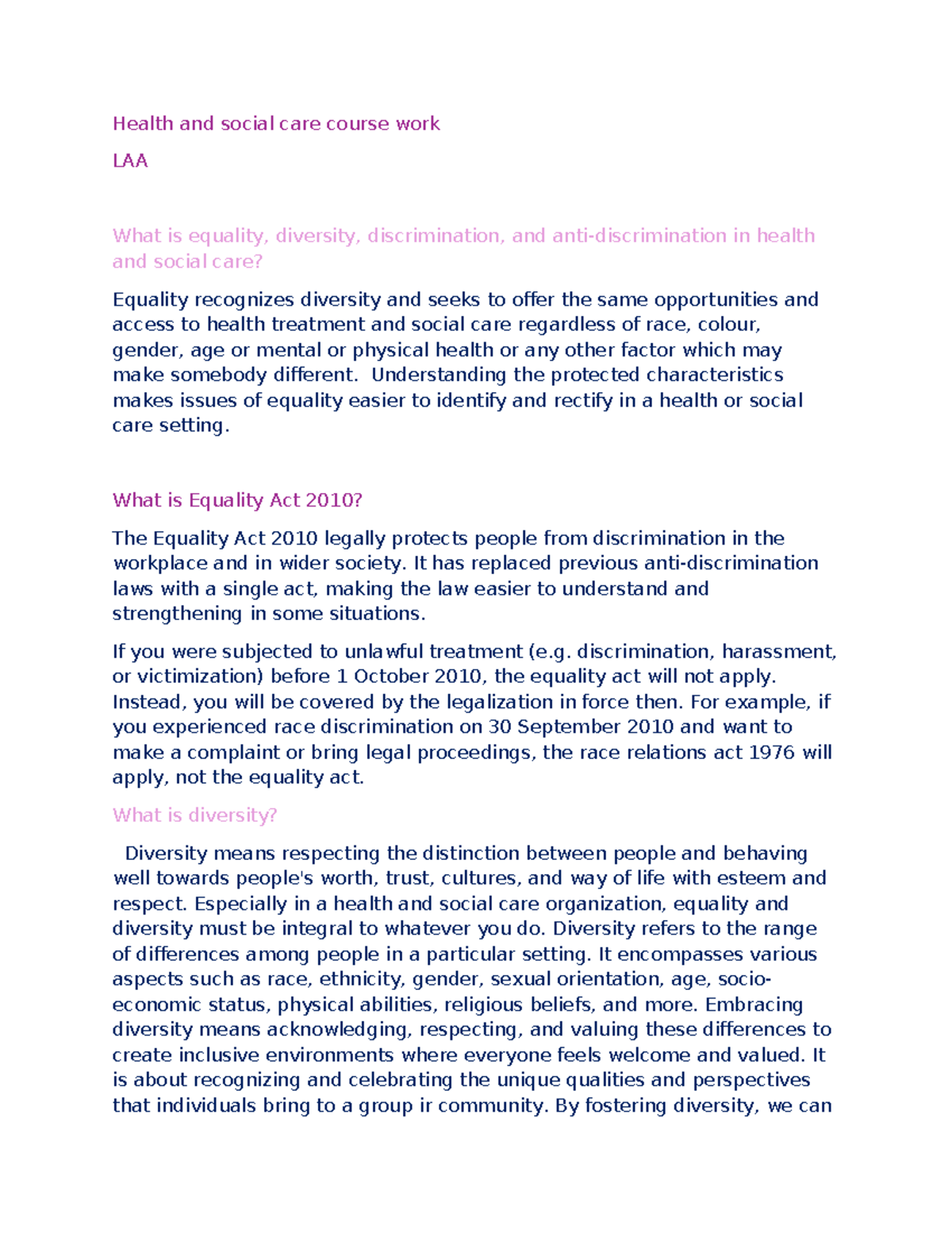 Health and social care course work - Health and social care course work ...