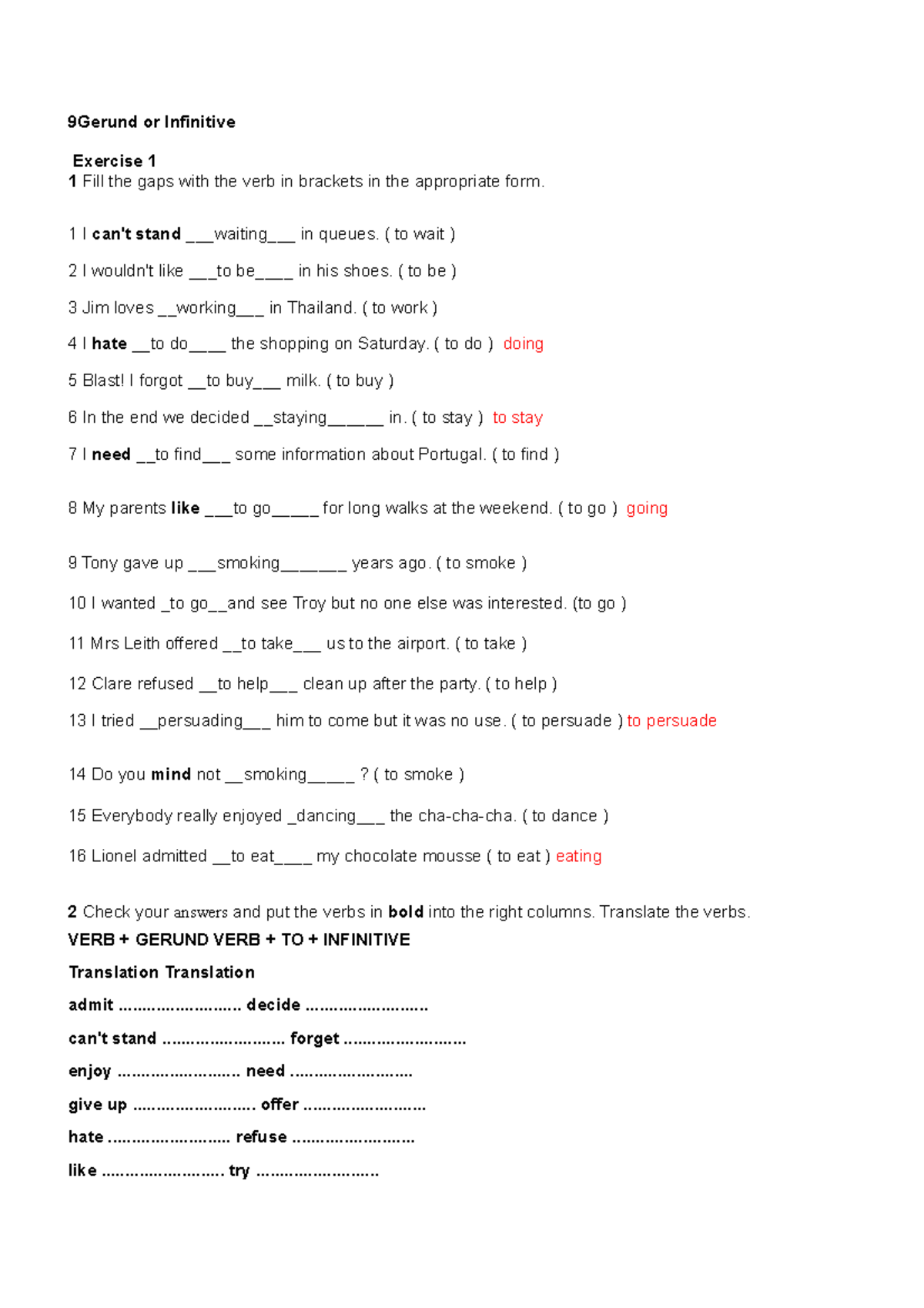 Gerund or Infinitive - 9Gerund or Infinitive Exercise 1 1 Fill the gaps ...