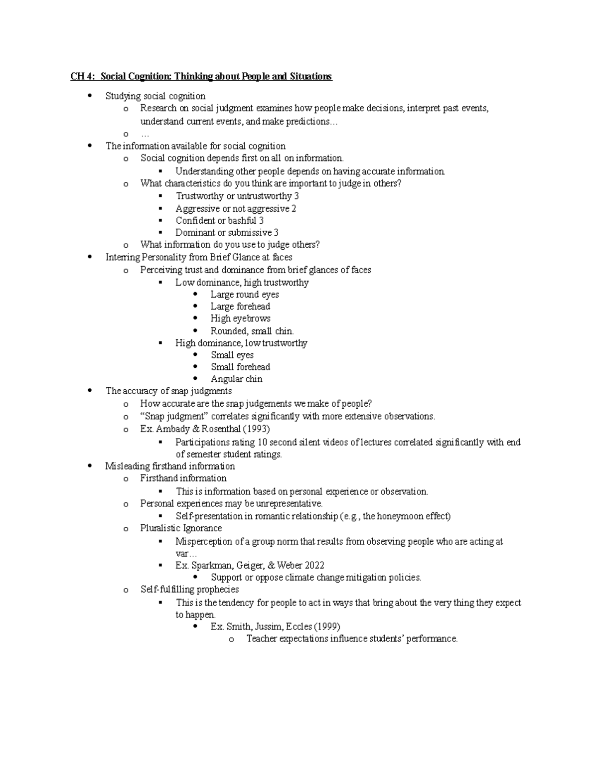 notes for lesson 4 - CH 4: Social Cognition: Thinking about People and ...