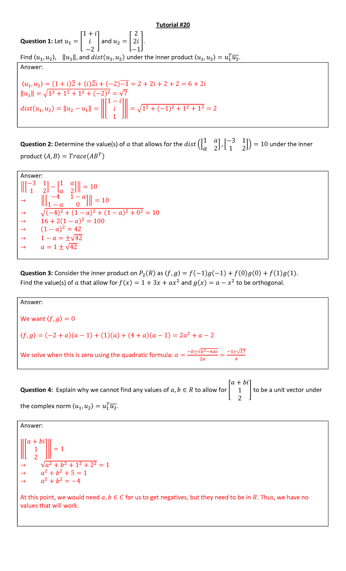 Tutorial 20 - Solutions - Tutorial # 20 Question 1: Let 𝑢 1 = [ 1 + 𝑖 𝑖 ...