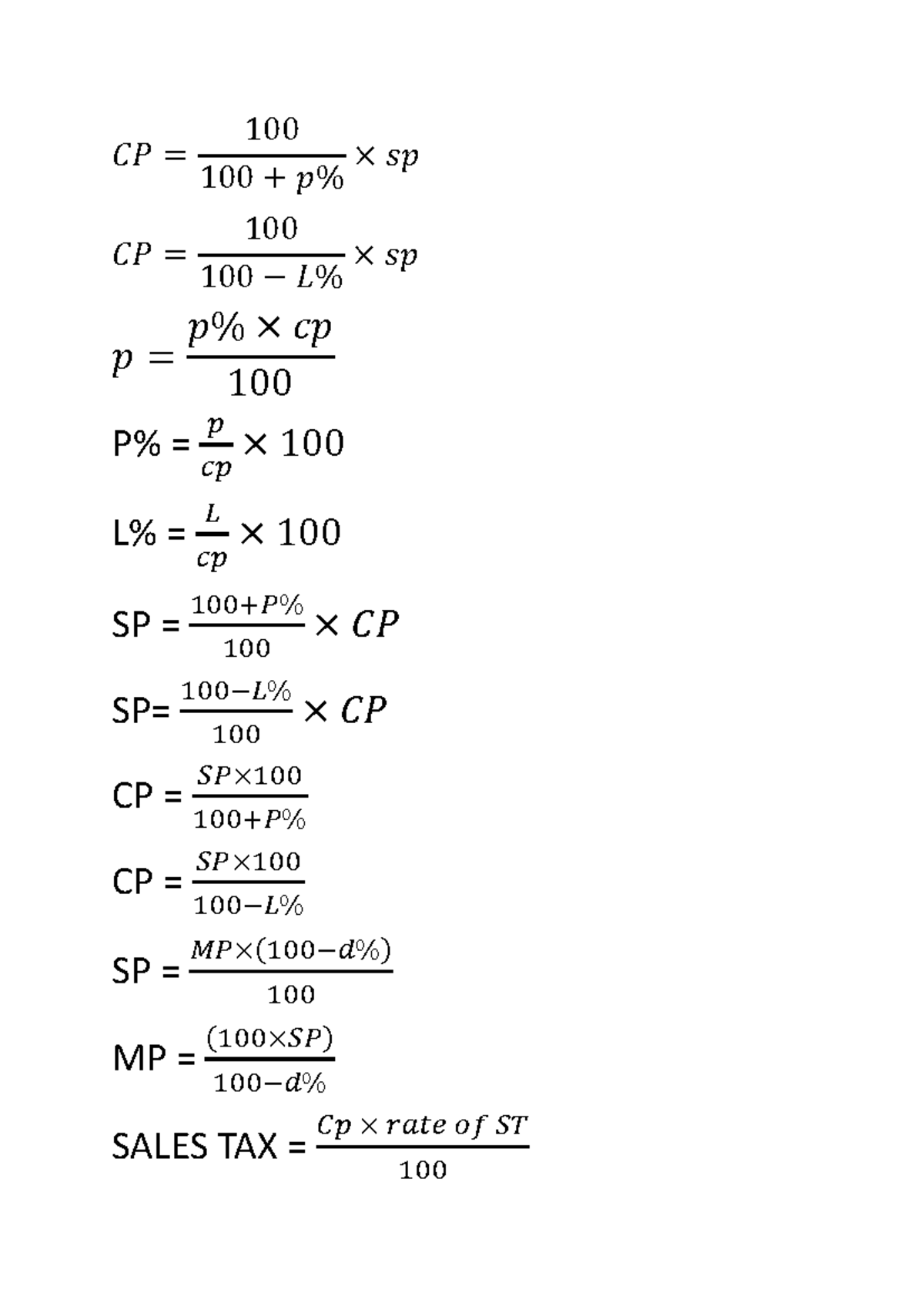 CP formuklas merged - very useful - 𝐶𝑃 = 100 100 + 𝑝% × 𝑠𝑝 𝐶𝑃 = 100 100 ...