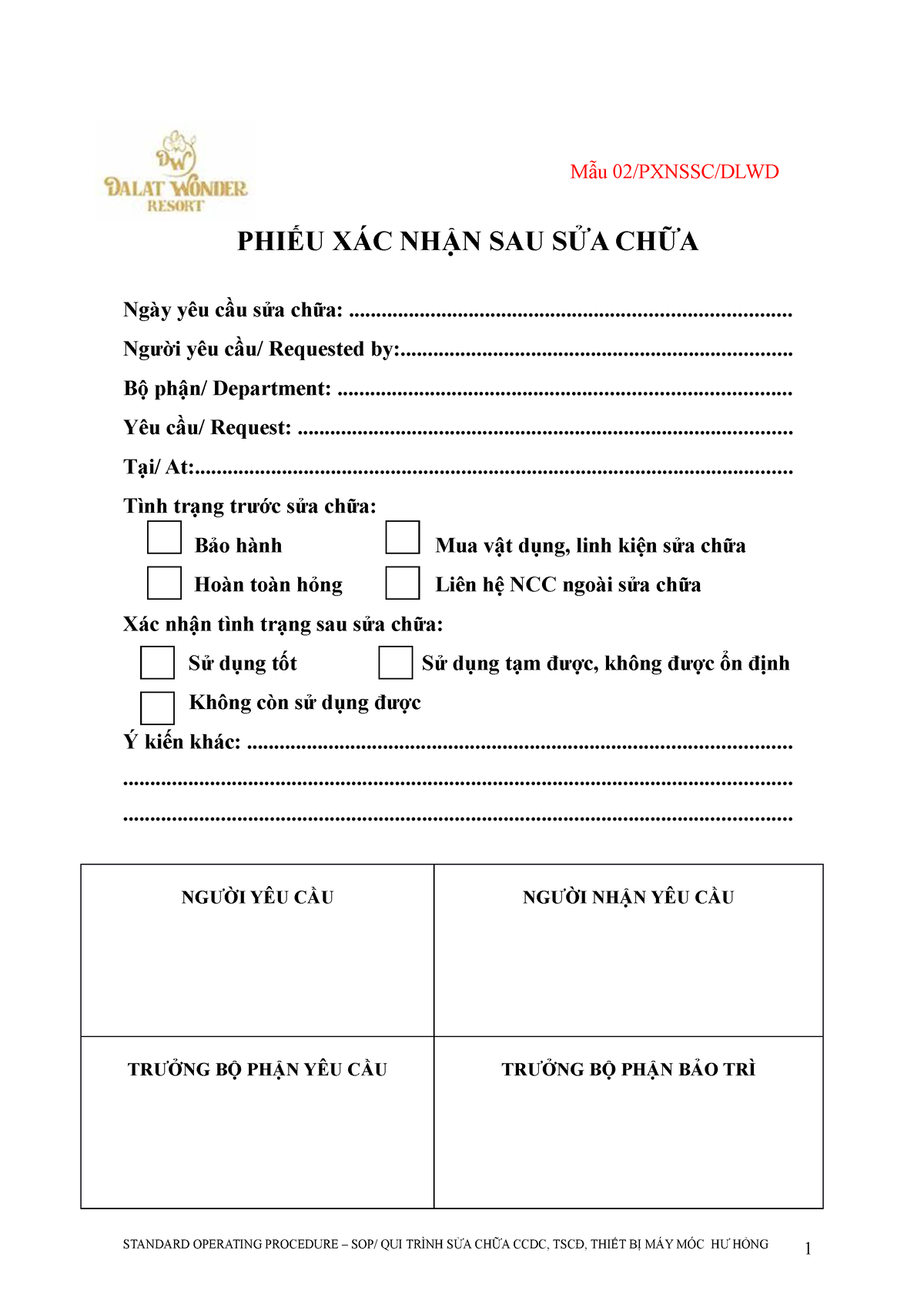 Phiếu Yêu Cầu Sửa Chữa Và Xác Nhận Sau Sửa Chữa - Mẫu 02/Pxnssc/Dlwd Phiếu  Xác Nhận Sau Sửa Chữa - Studocu