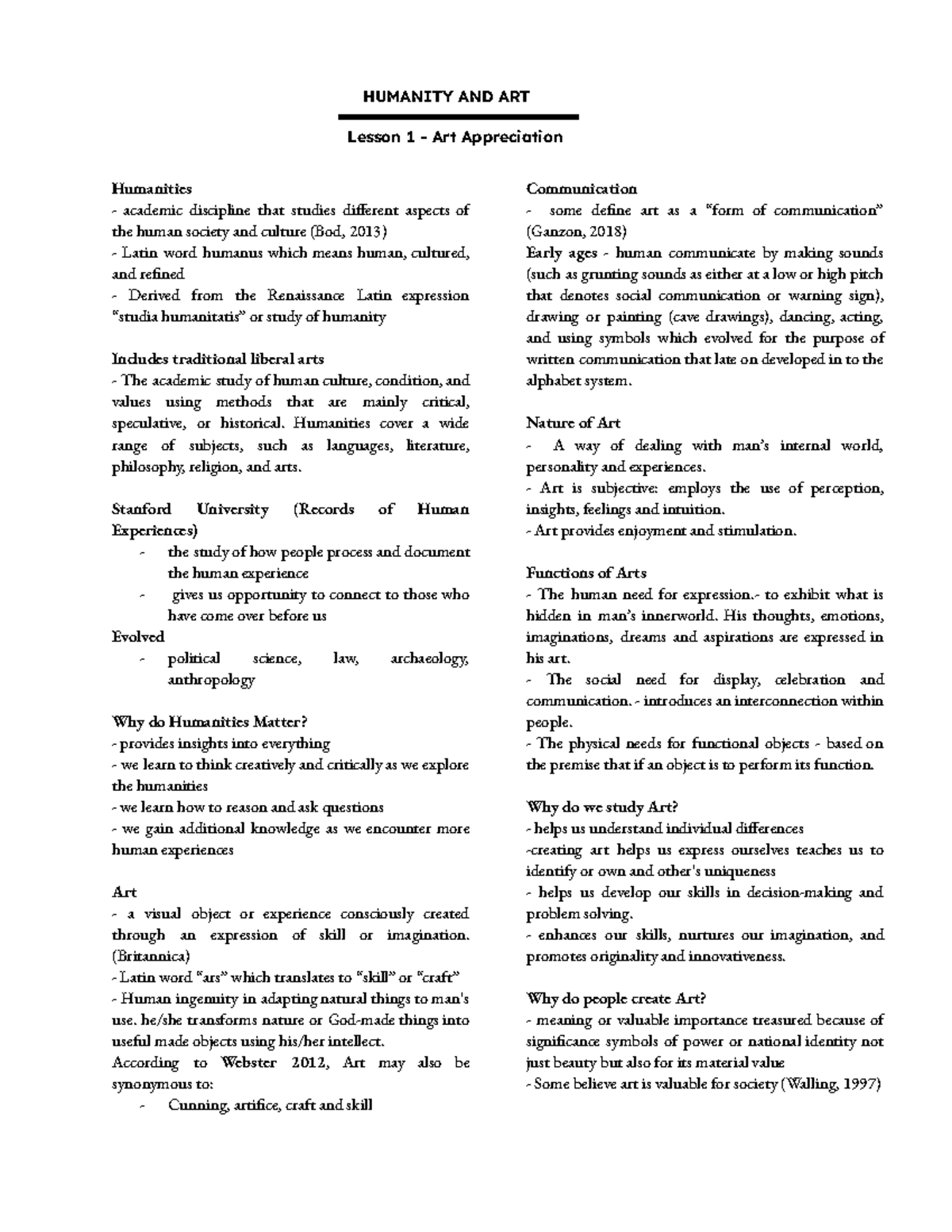 Lesson 1 Artapp - Notes - HUMANITY AND ART Lesson 1 - Art Appreciation ...